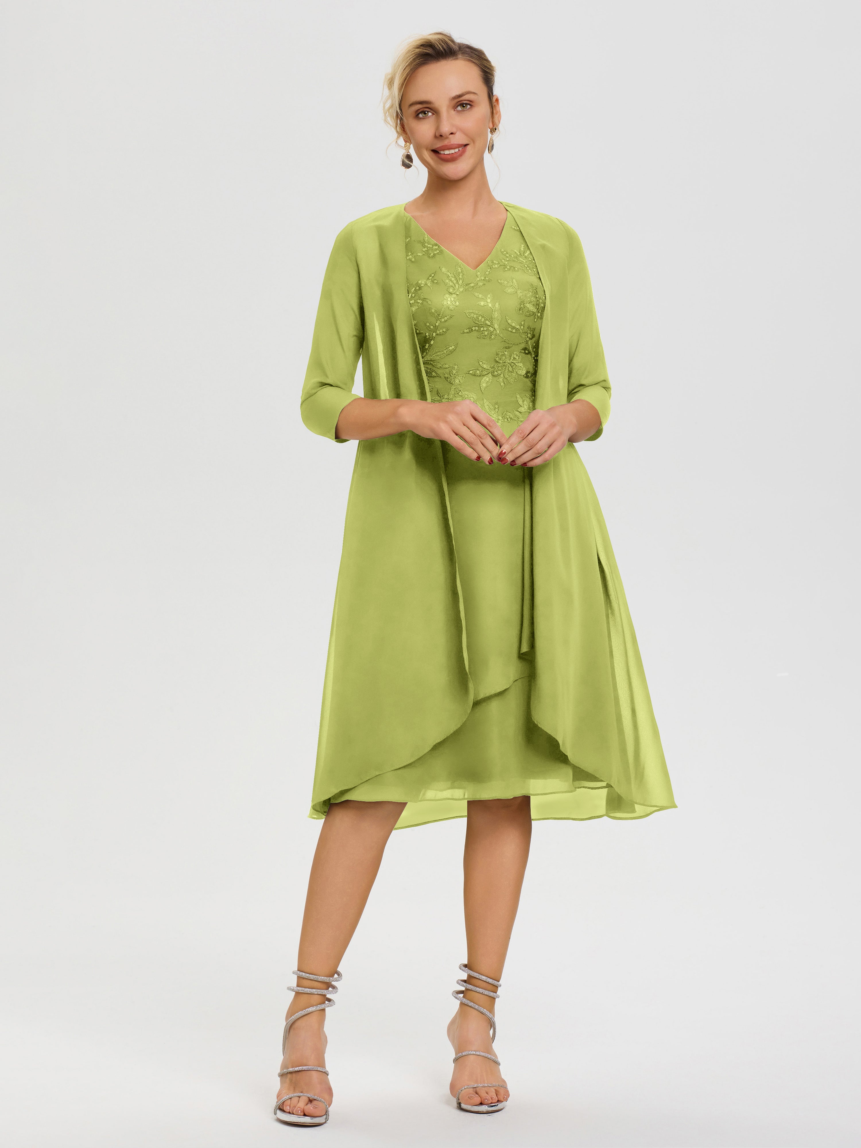 Robe Mère De Marié Trèfle 2 Pièces Asymétrique Col V Mousseline & Dentelle Tenue Mère De La Mariée Très Chic
