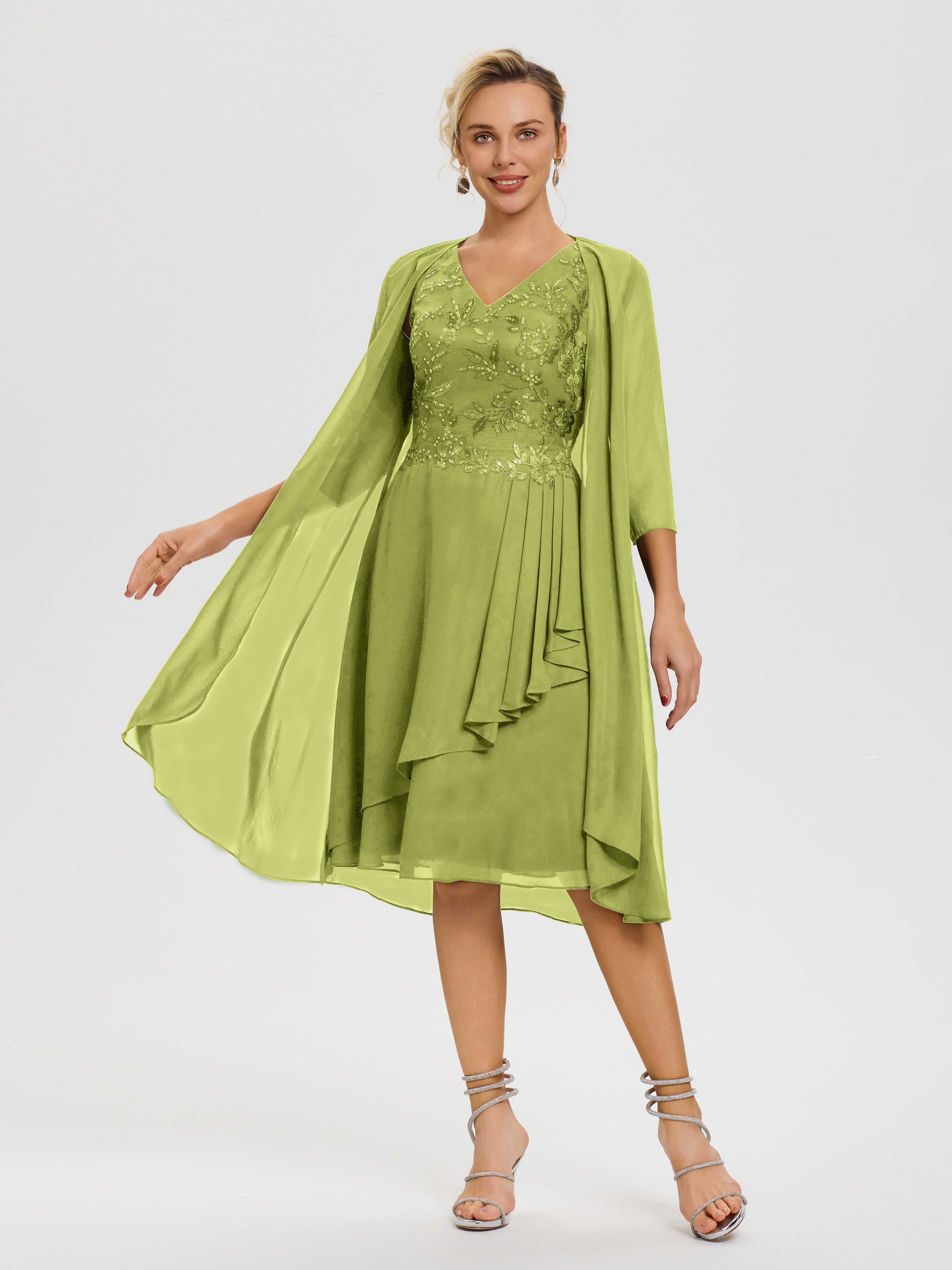 Robe Mère De Marié Trèfle 2 Pièces Asymétrique Col V Mousseline & Dentelle Tenue Mère De La Mariée Très Chic