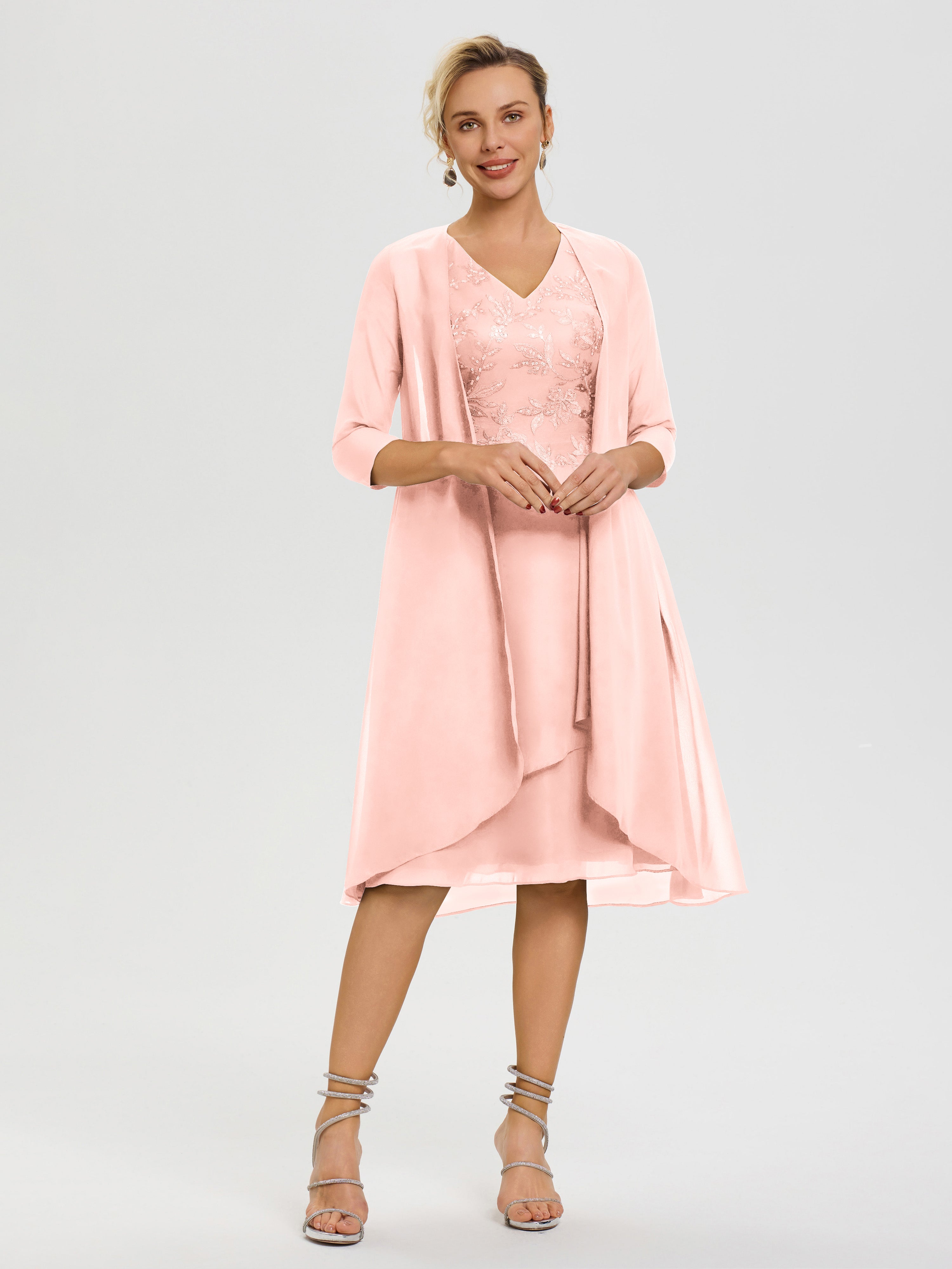 Robe Mère Mariée Corail 2 Pièces Asymétrique Col V Mousseline & Dentelle Tenue Mère De La Mariée Très Chic