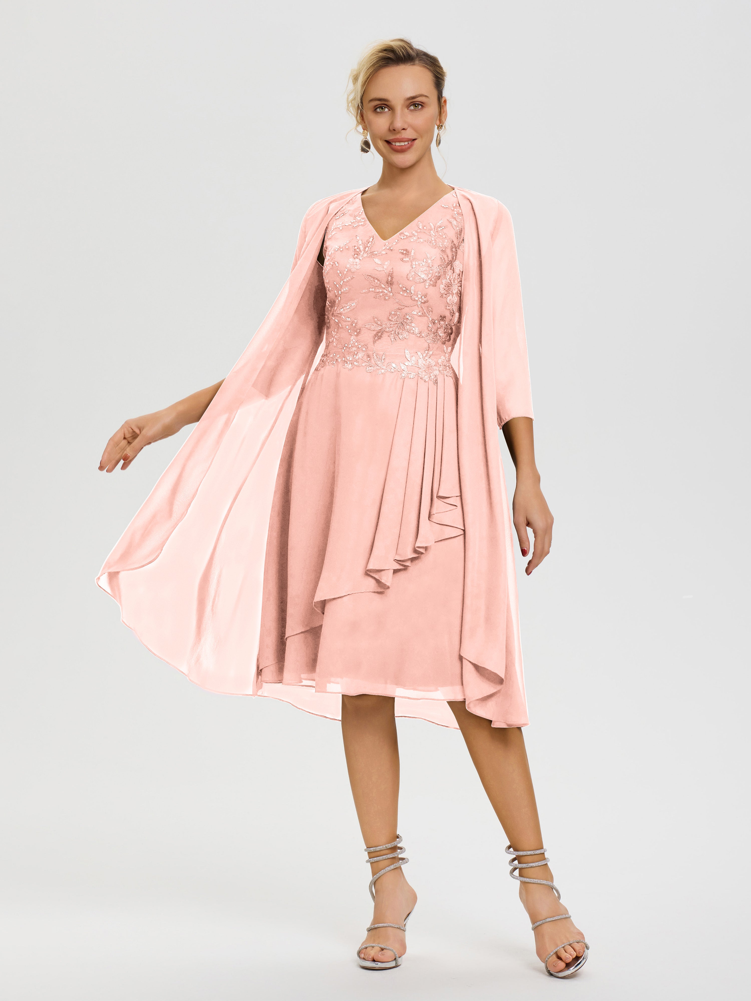 Robe Mère Mariée Corail 2 Pièces Asymétrique Col V Mousseline & Dentelle Tenue Mère De La Mariée Très Chic