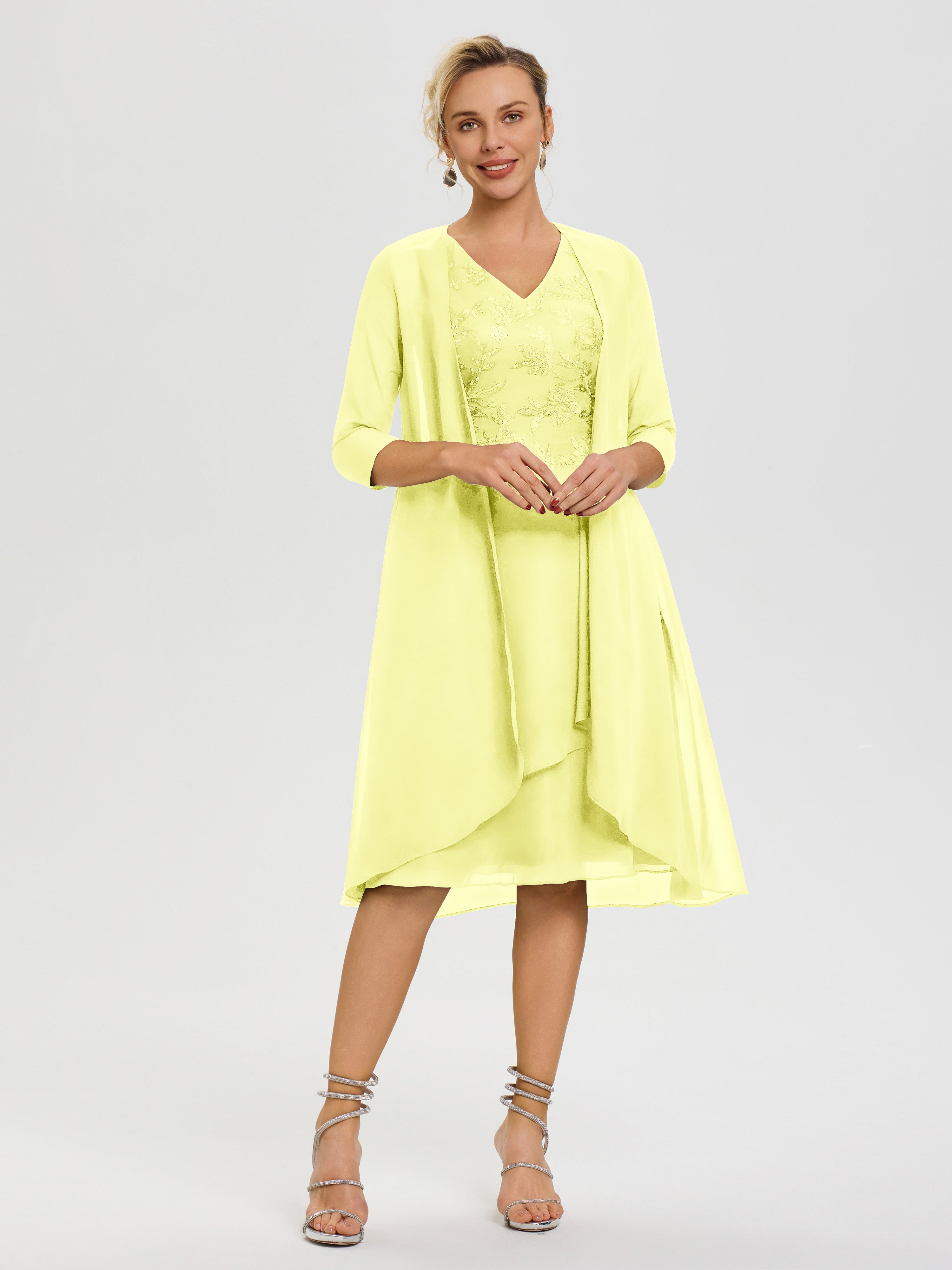 Robe Mère Mariée Jonquille 2 Pièces Asymétrique Col V Mousseline & Dentelle Tenue Mère De La Mariée Très Chic