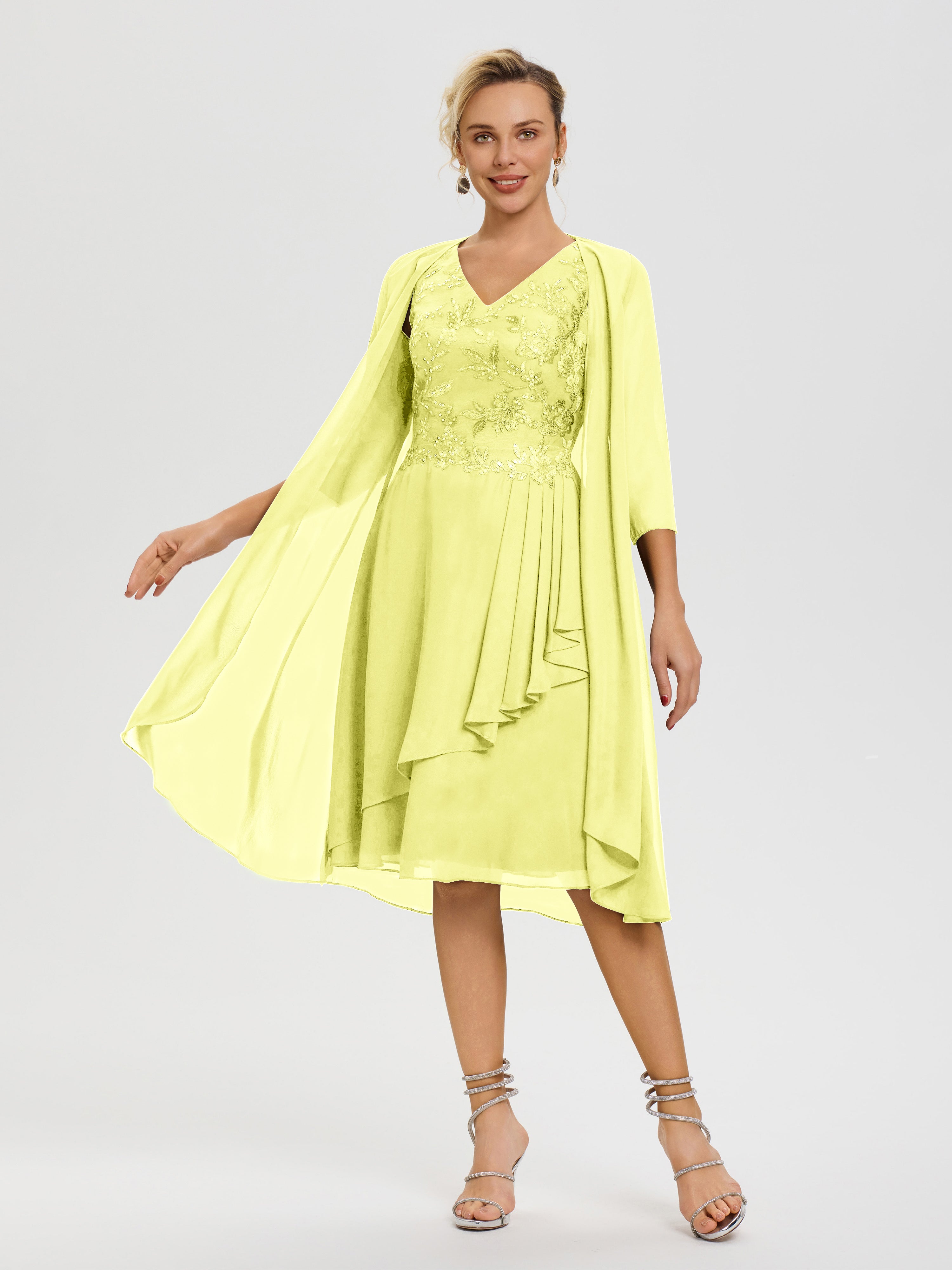 Robe Mère Mariée Jonquille 2 Pièces Asymétrique Col V Mousseline & Dentelle Tenue Mère De La Mariée Très Chic