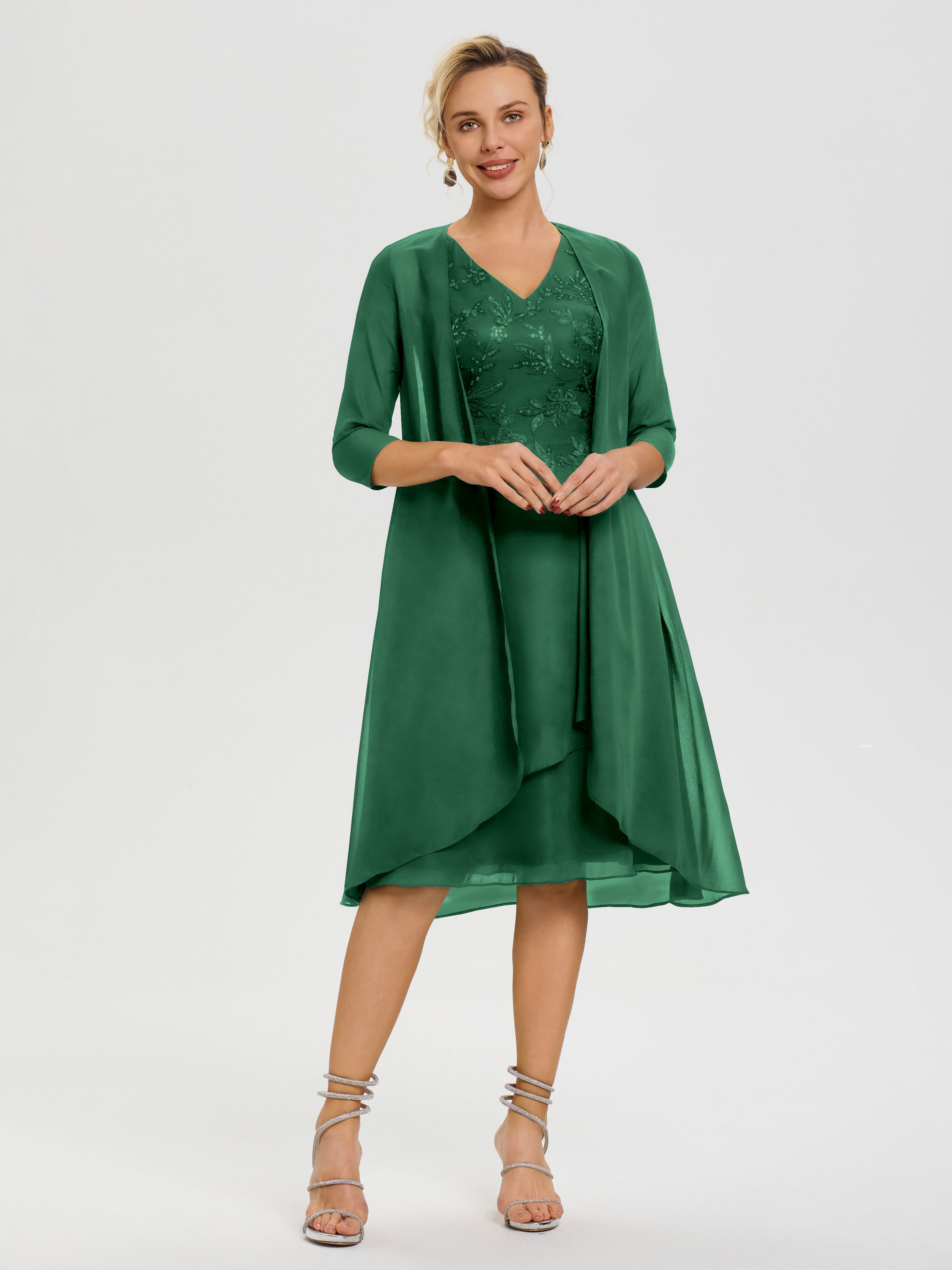 Robe Mère De Marié Vert Foncé 2 Pièces Asymétrique Col V Mousseline & Dentelle Tenue Mère De La Mariée Très Chic