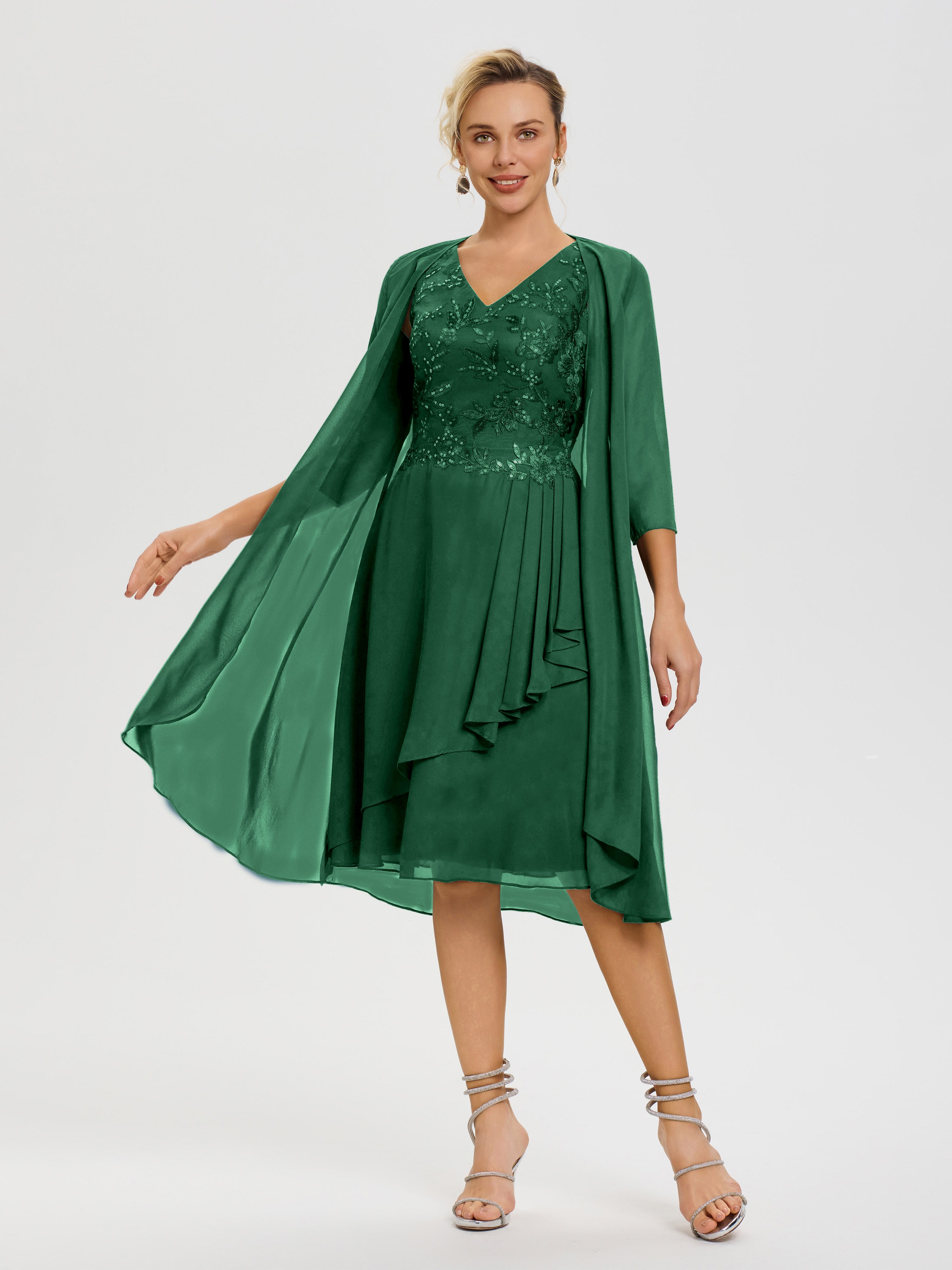 Robe Mère De Marié Vert Foncé 2 Pièces Asymétrique Col V Mousseline & Dentelle Tenue Mère De La Mariée Très Chic