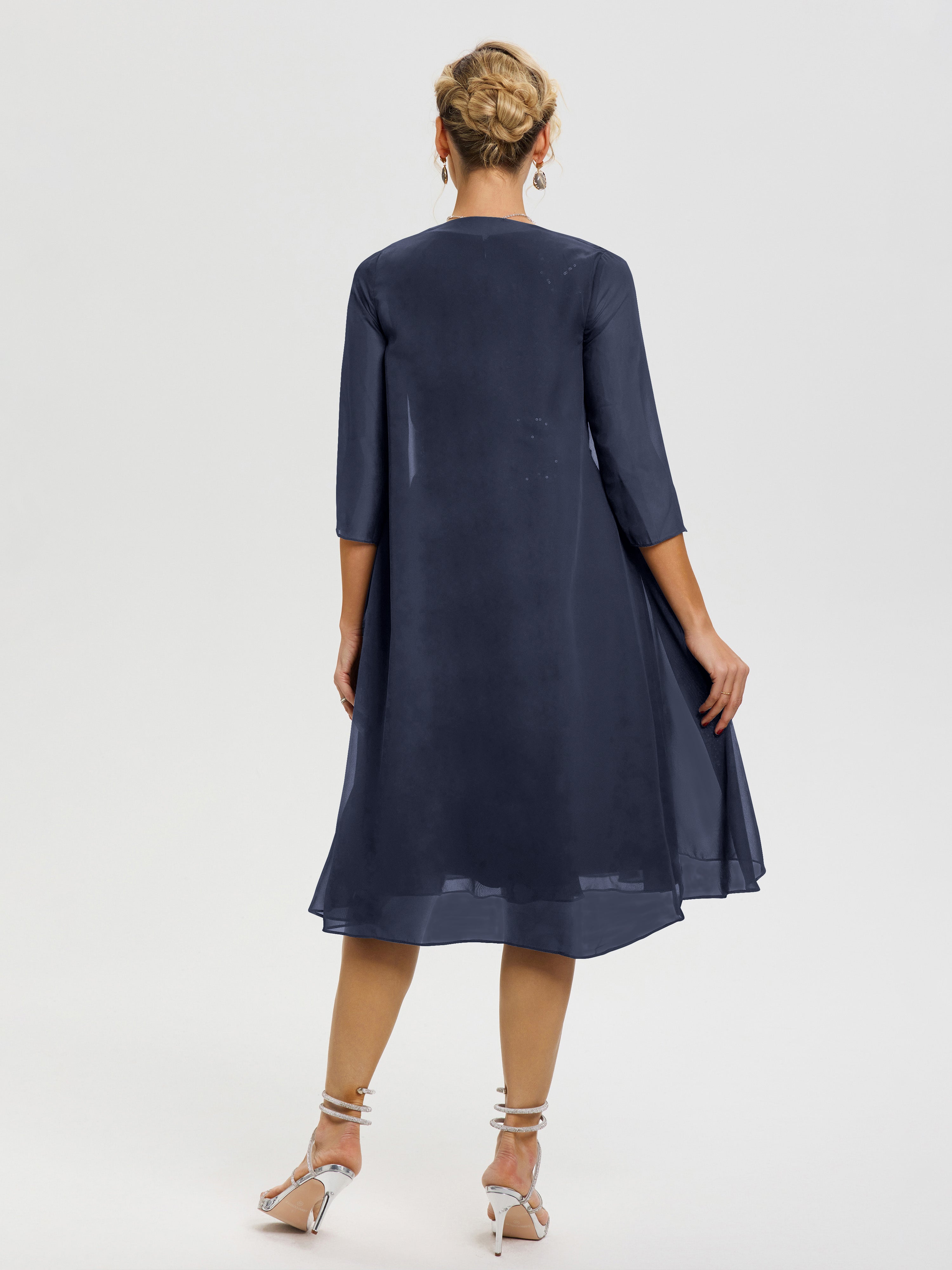 Robe Mère Mariée Bleu Marine 2 Pièces Asymétrique Col V Mousseline & Dentelle Tenue Mère De La Mariée Très Chic