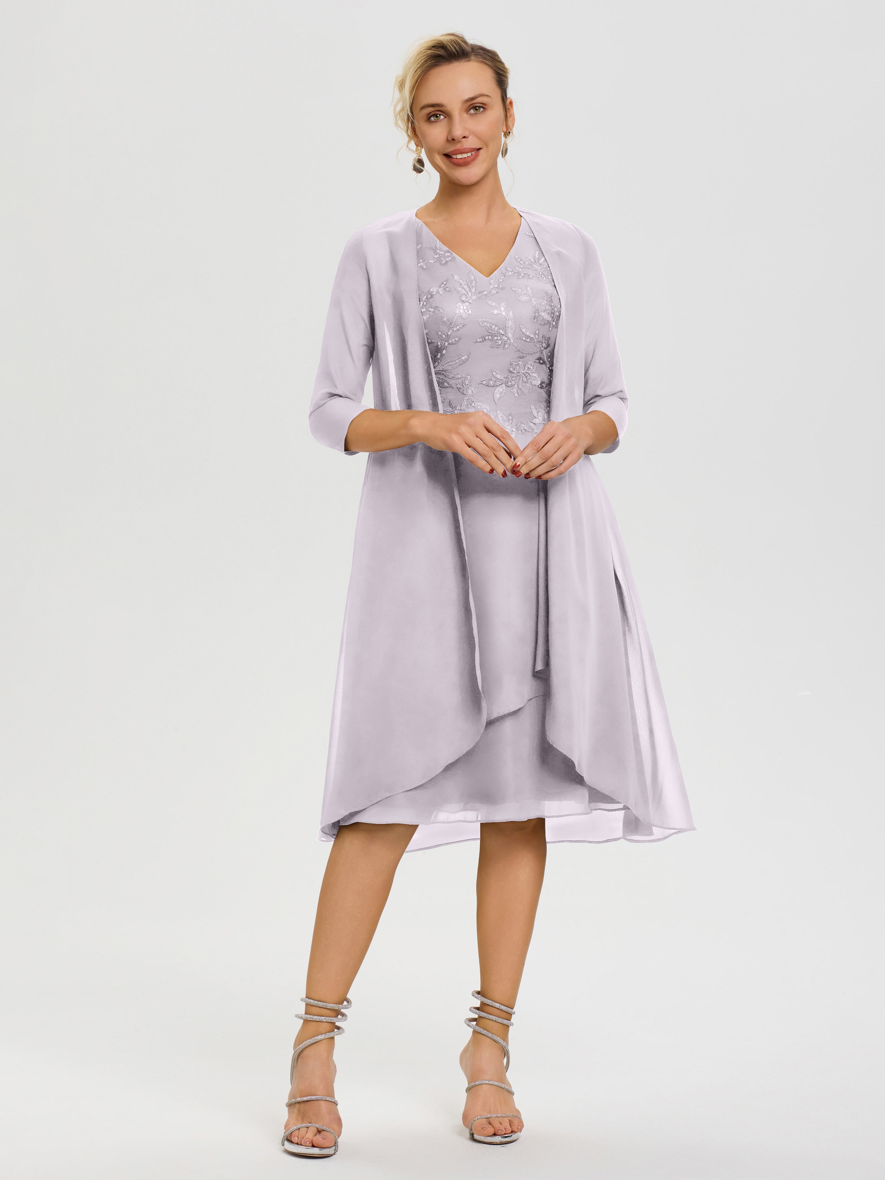 Robe Mère Mariée Crépuscule 2 Pièces Asymétrique Col V Mousseline & Dentelle Tenue Mère De La Mariée Très Chic