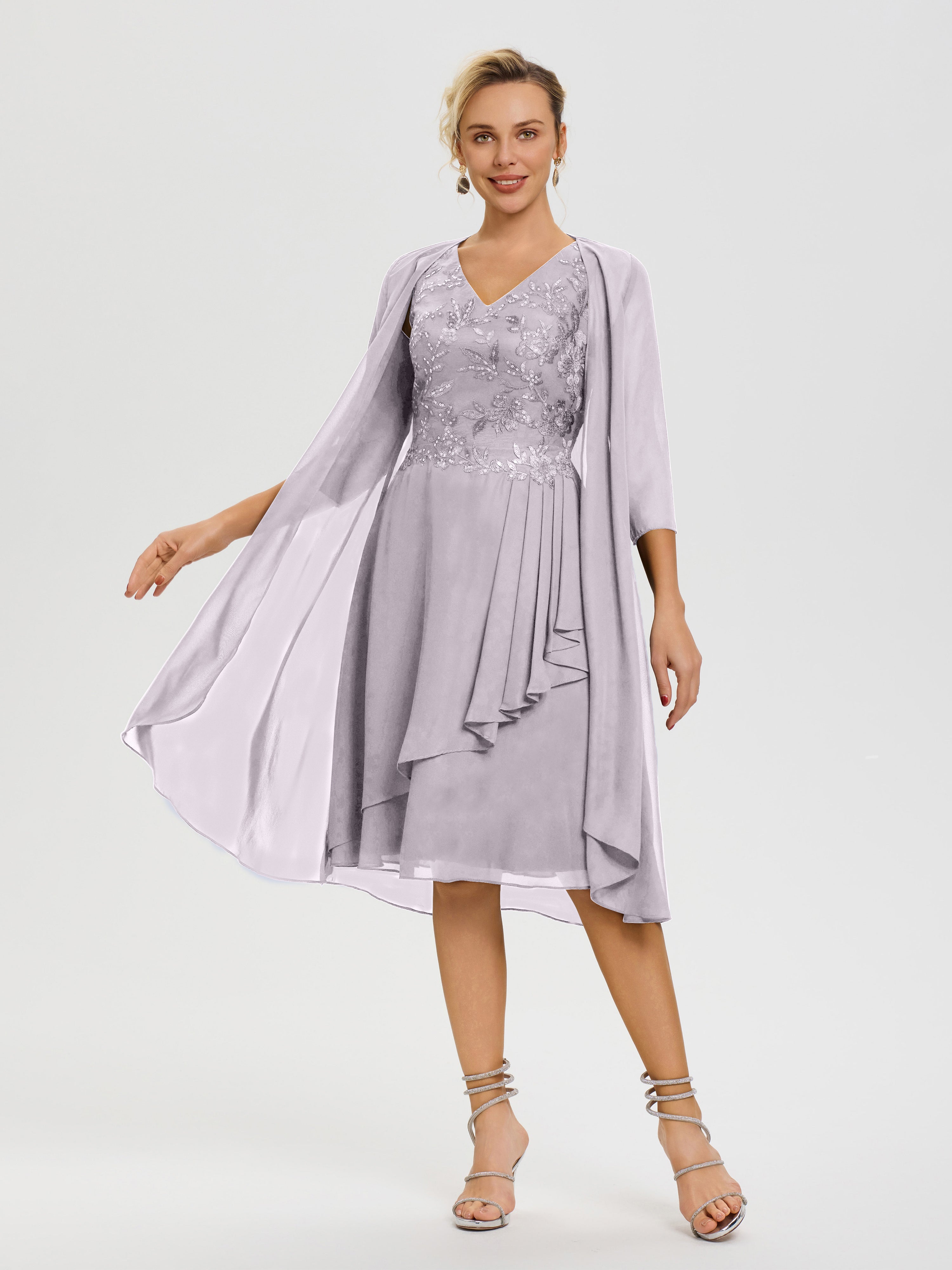 Robe Mère Mariée Crépuscule 2 Pièces Asymétrique Col V Mousseline & Dentelle Tenue Mère De La Mariée Très Chic