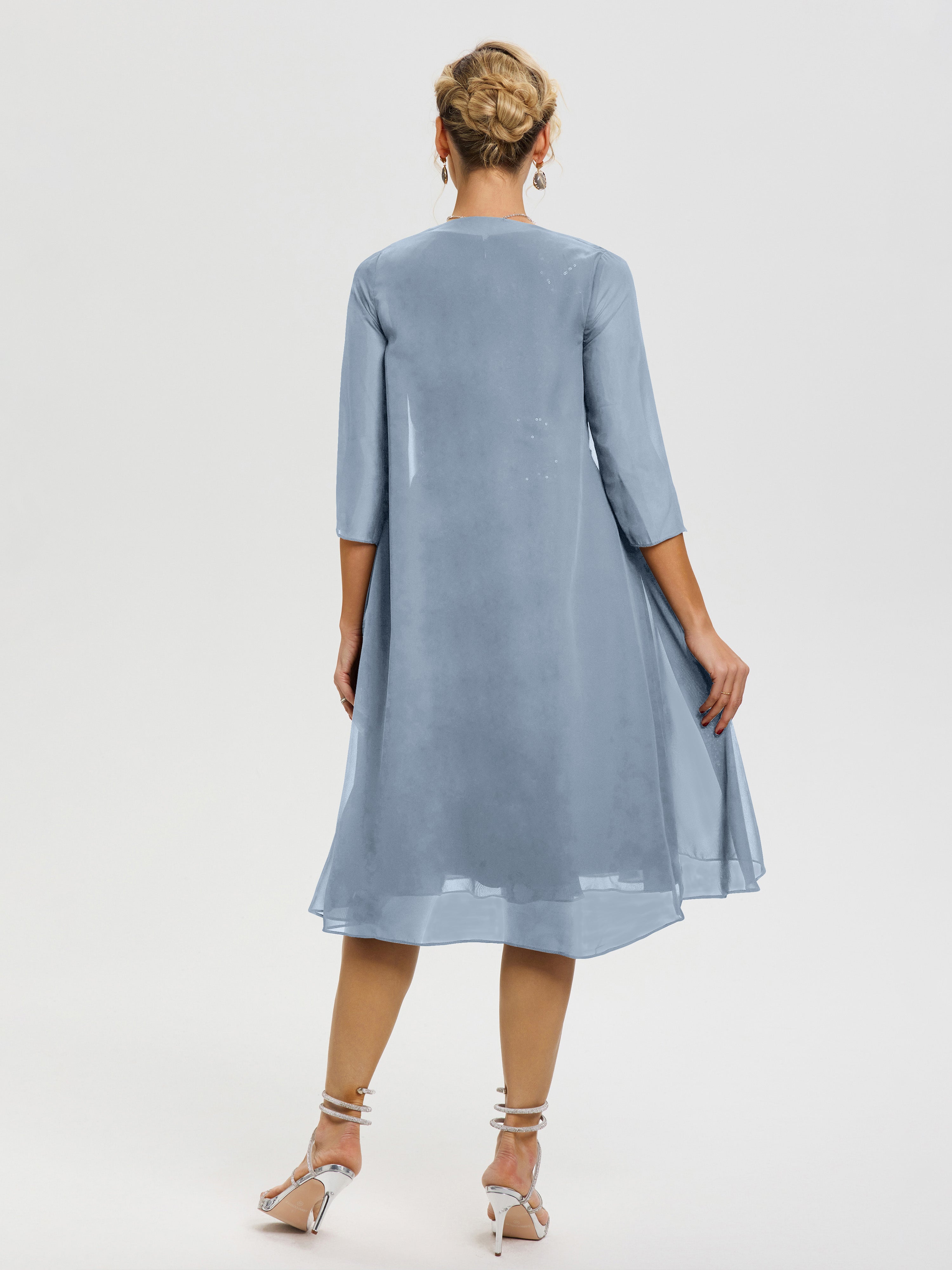 Robe Mère Mariée Bleu Poudré 2 Pièces Asymétrique Col V Mousseline & Dentelle Tenue Mère De La Mariée Très Chic