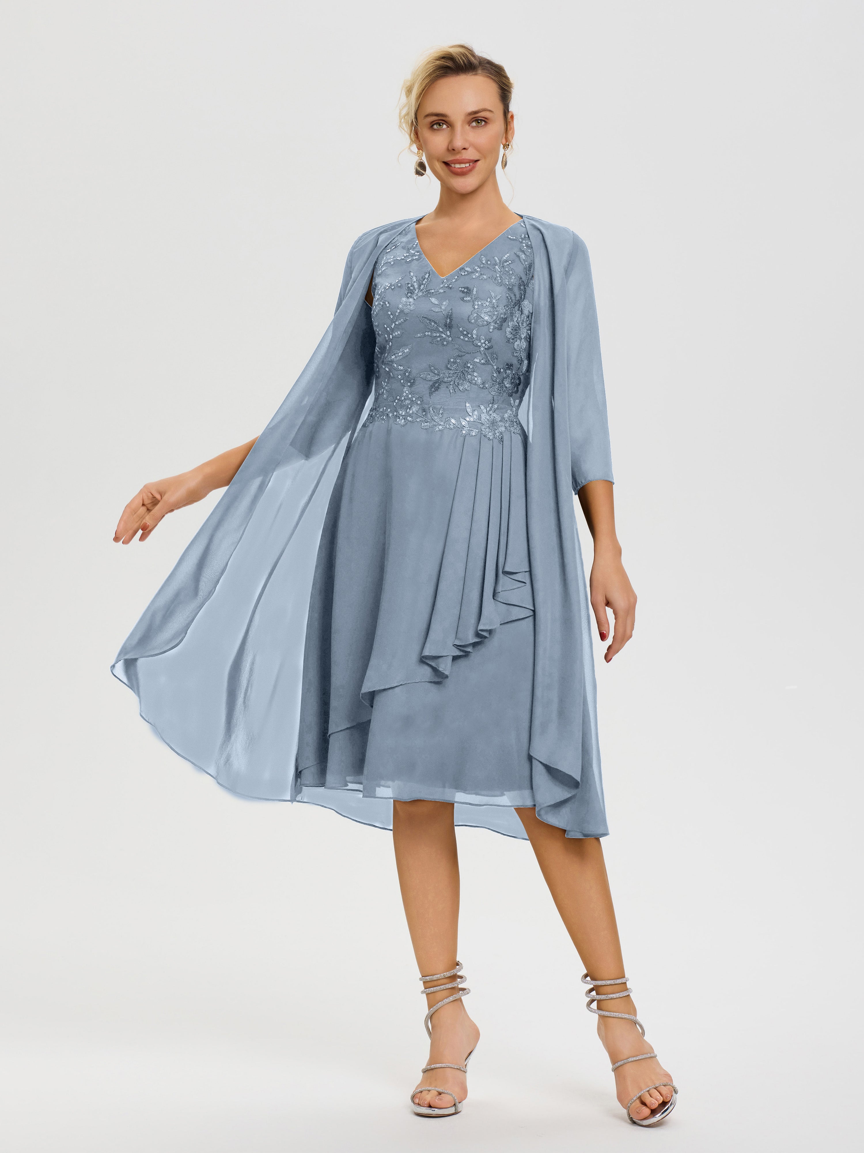 Robe Mère Mariée Bleu Poudré 2 Pièces Asymétrique Col V Mousseline & Dentelle Tenue Mère De La Mariée Très Chic