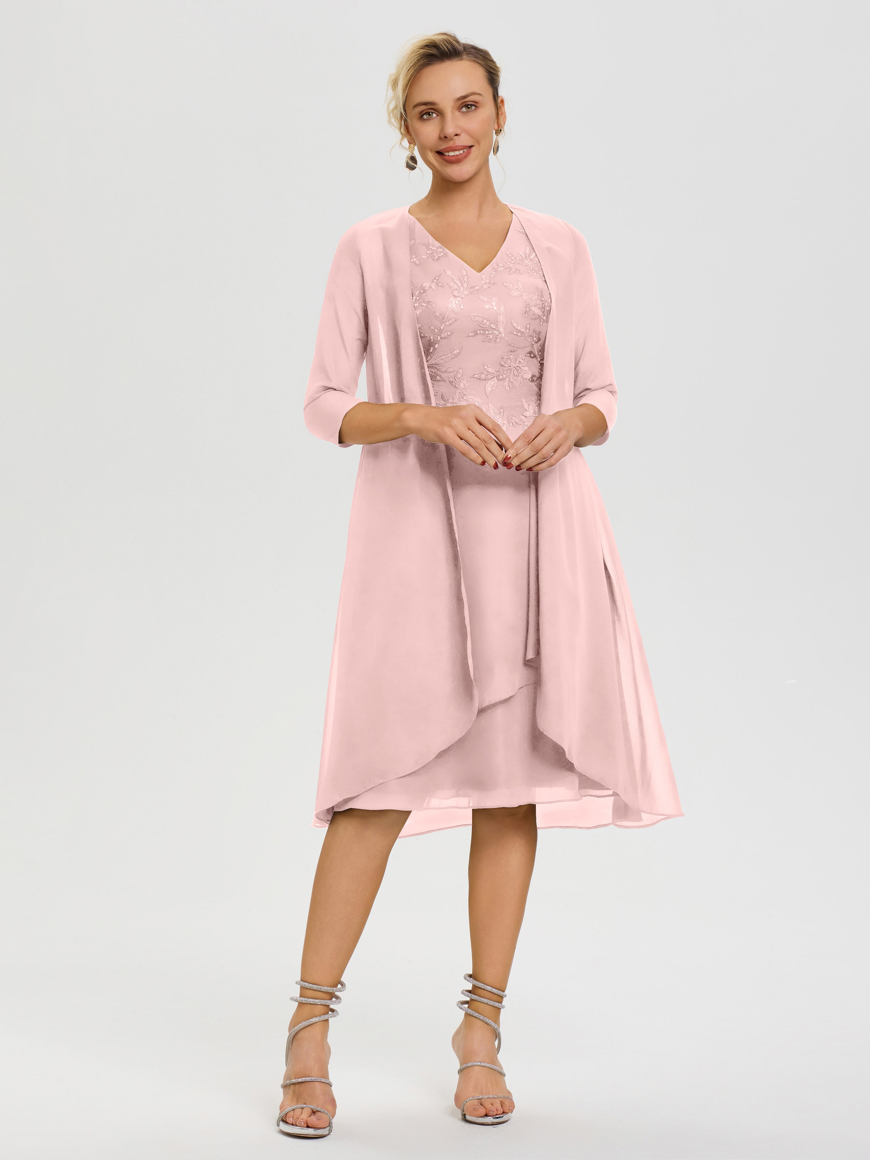 Robe Mere Dela Mariee Rose Poudré 2 Pièces Asymétrique Col V Mousseline & Dentelle Tenue Mère De La Mariée Très Chic