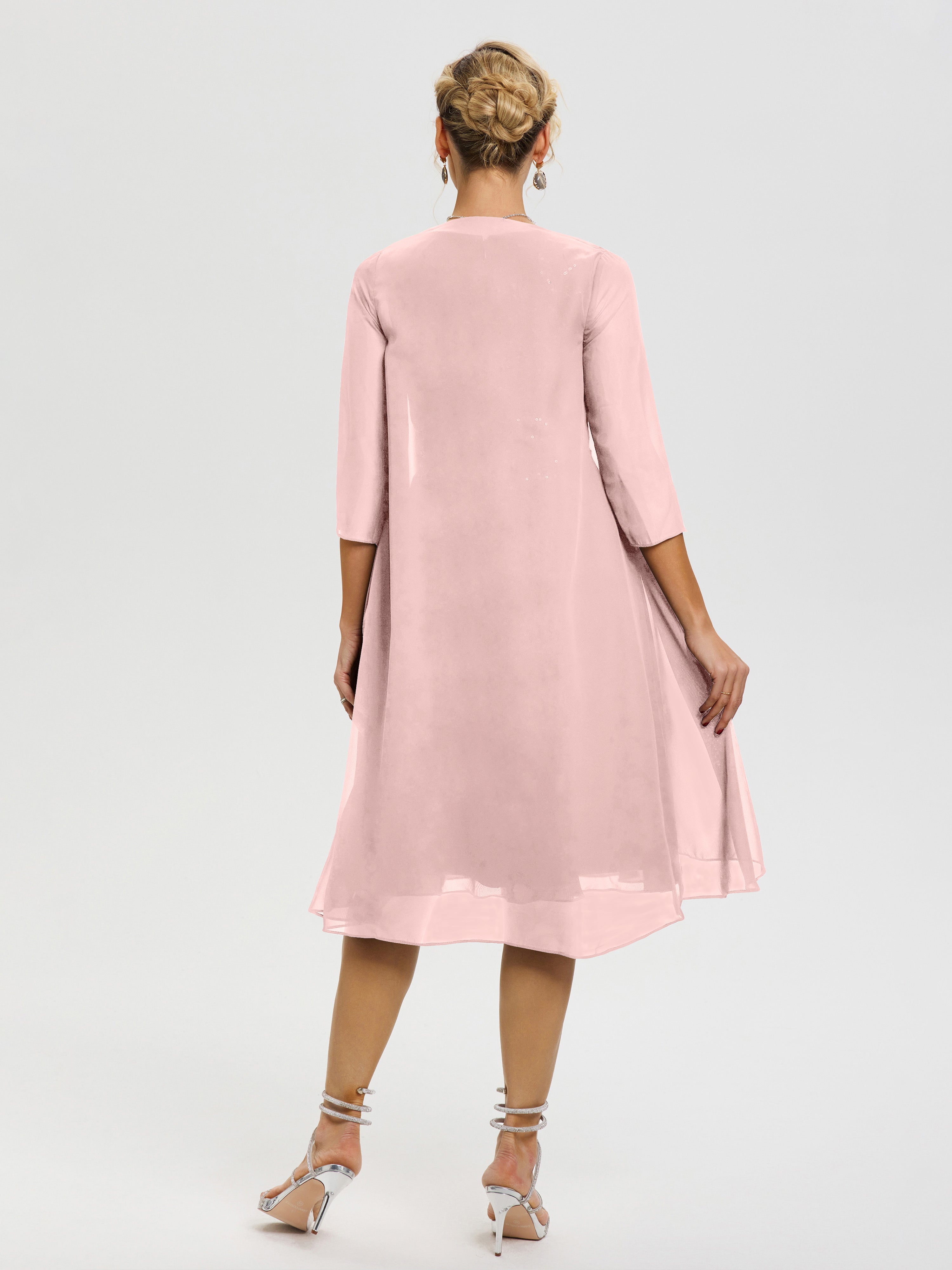 Robe Mere Dela Mariee Rose Poudré 2 Pièces Asymétrique Col V Mousseline & Dentelle Tenue Mère De La Mariée Très Chic