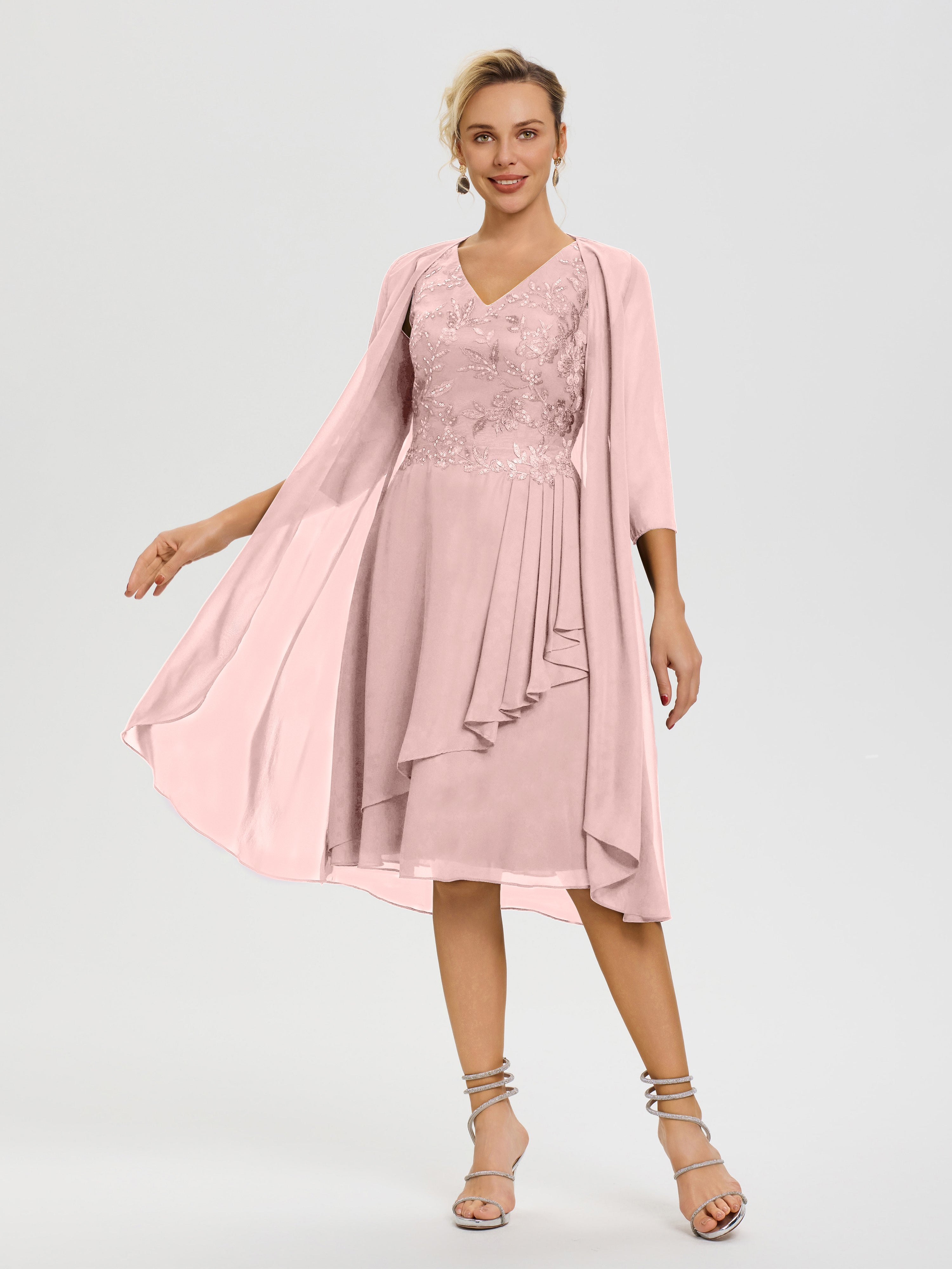 Robe Mere Dela Mariee Rose Poudré 2 Pièces Asymétrique Col V Mousseline & Dentelle Tenue Mère De La Mariée Très Chic