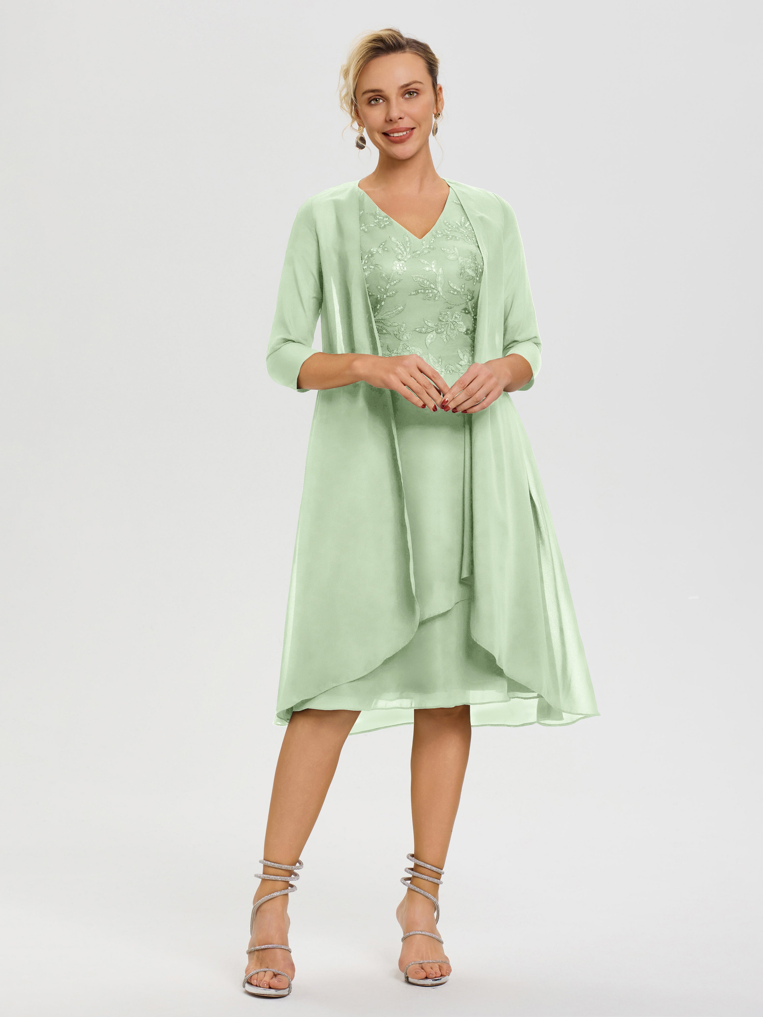 Robe Mère Marié Sauge Poudrée 2 Pièces Asymétrique Col V Mousseline & Dentelle Tenue Mère De La Mariée Très Chic