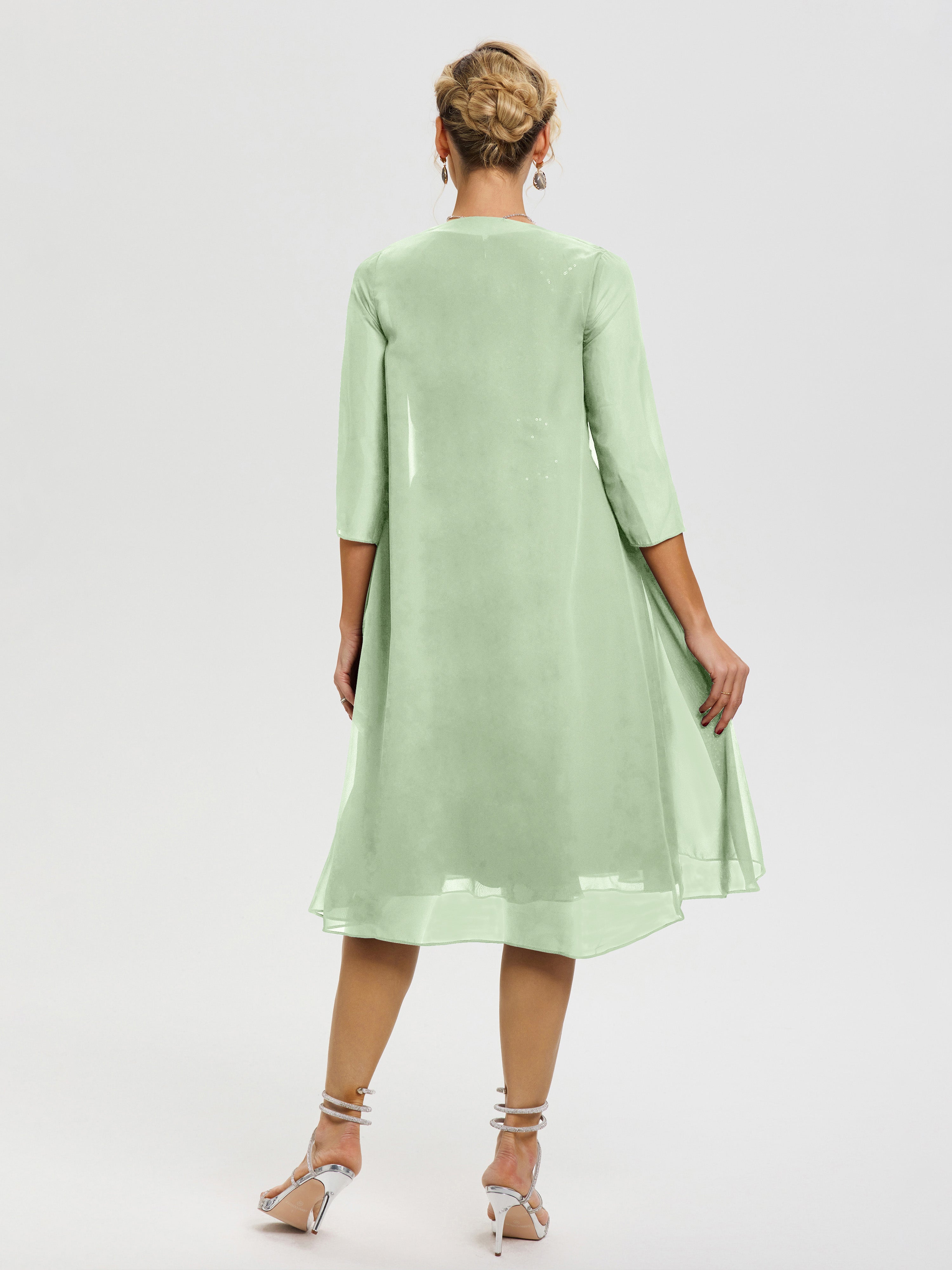Robe Mère Marié Sauge Poudrée 2 Pièces Asymétrique Col V Mousseline & Dentelle Tenue Mère De La Mariée Très Chic