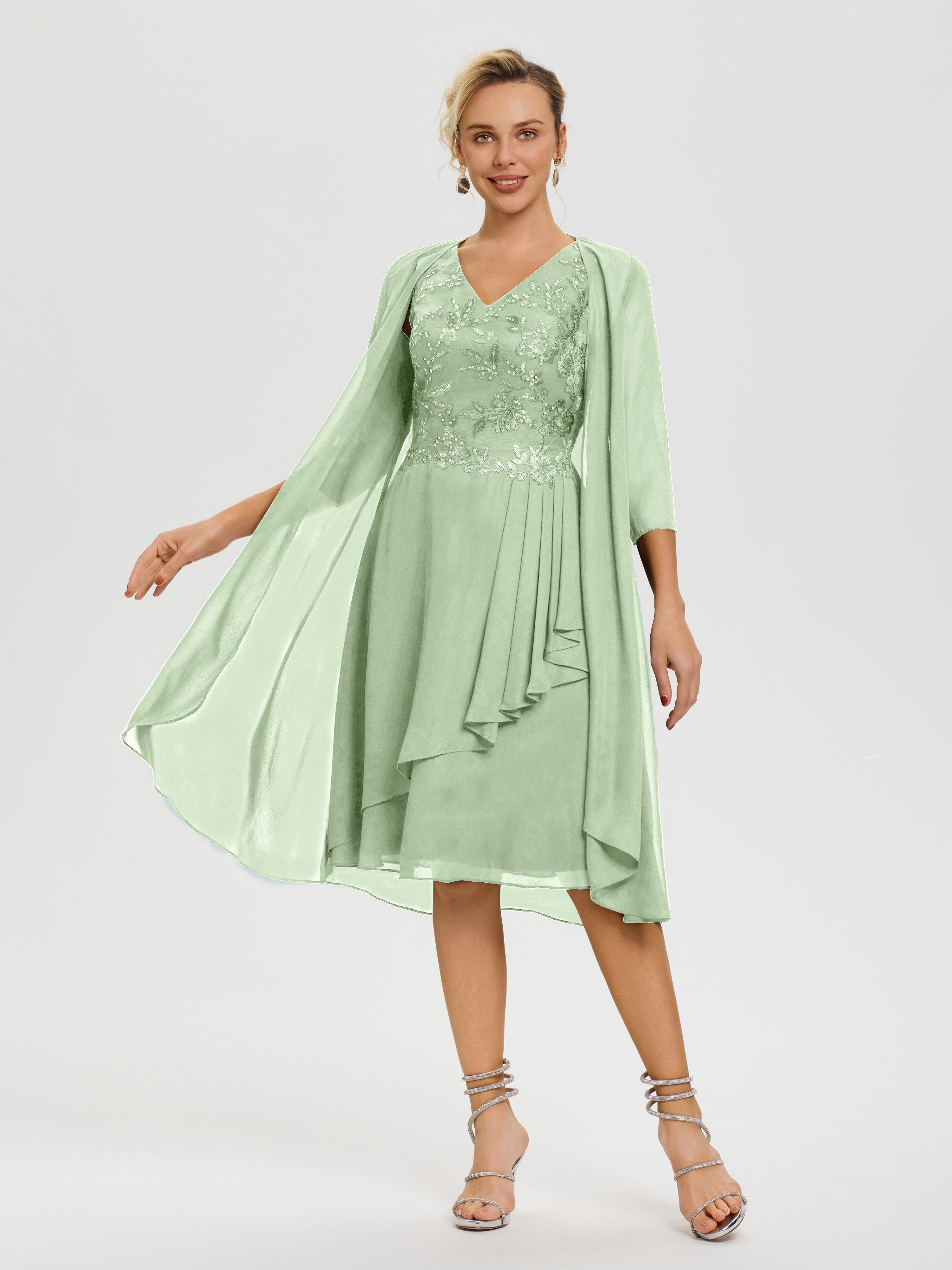 Robe Mère Marié Sauge Poudrée 2 Pièces Asymétrique Col V Mousseline & Dentelle Tenue Mère De La Mariée Très Chic