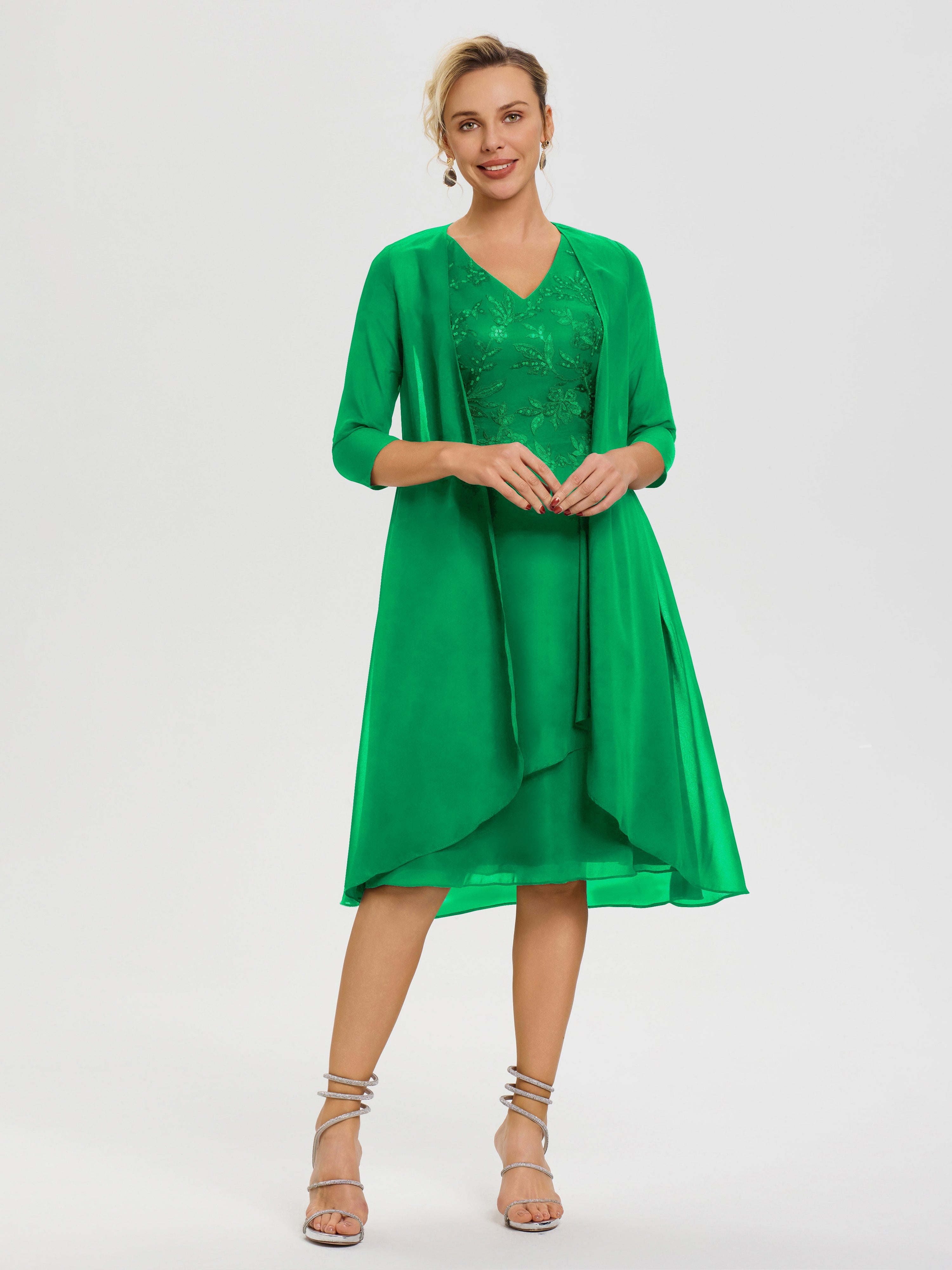 Robe Mère Mariée Emeraude 2 Pièces Asymétrique Col V Mousseline & Dentelle Tenue Mère De La Mariée Très Chic