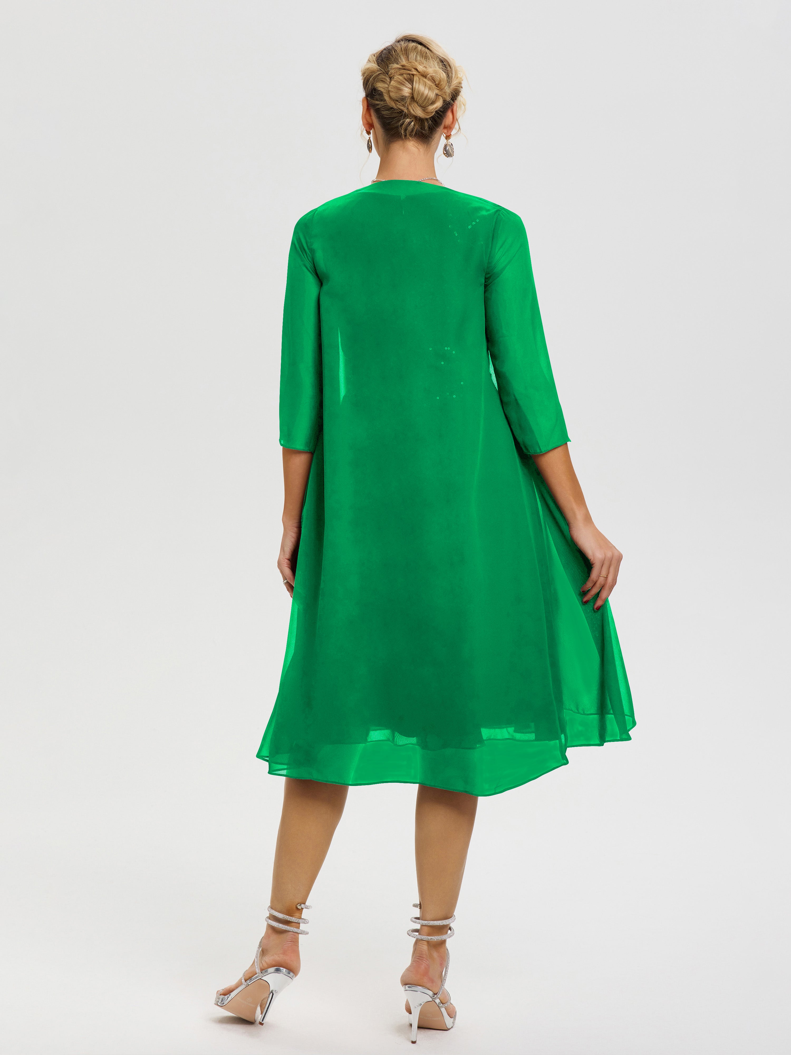 Robe Mère Mariée Emeraude 2 Pièces Asymétrique Col V Mousseline & Dentelle Tenue Mère De La Mariée Très Chic