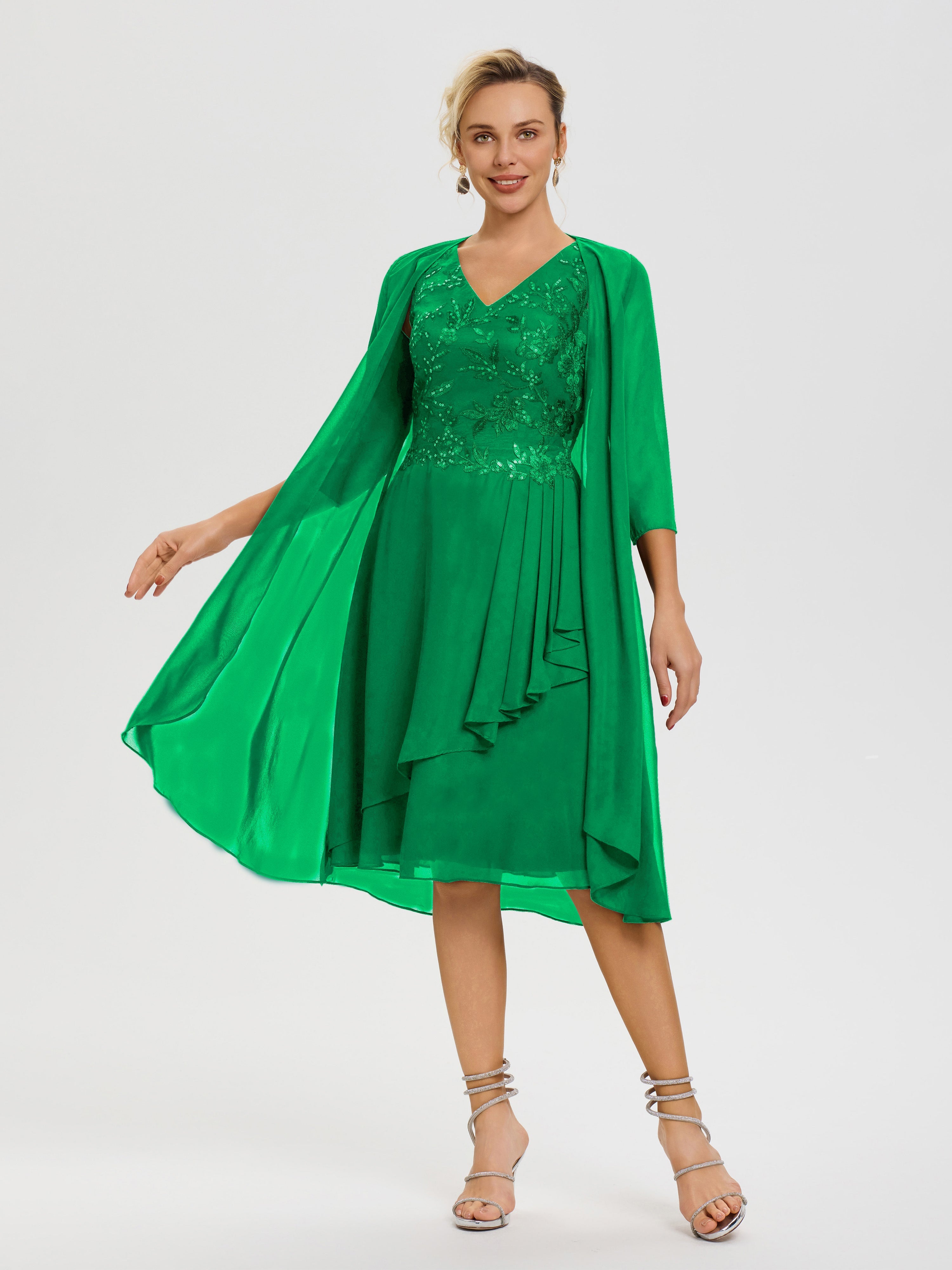 Robe Mère Mariée Emeraude 2 Pièces Asymétrique Col V Mousseline & Dentelle Tenue Mère De La Mariée Très Chic