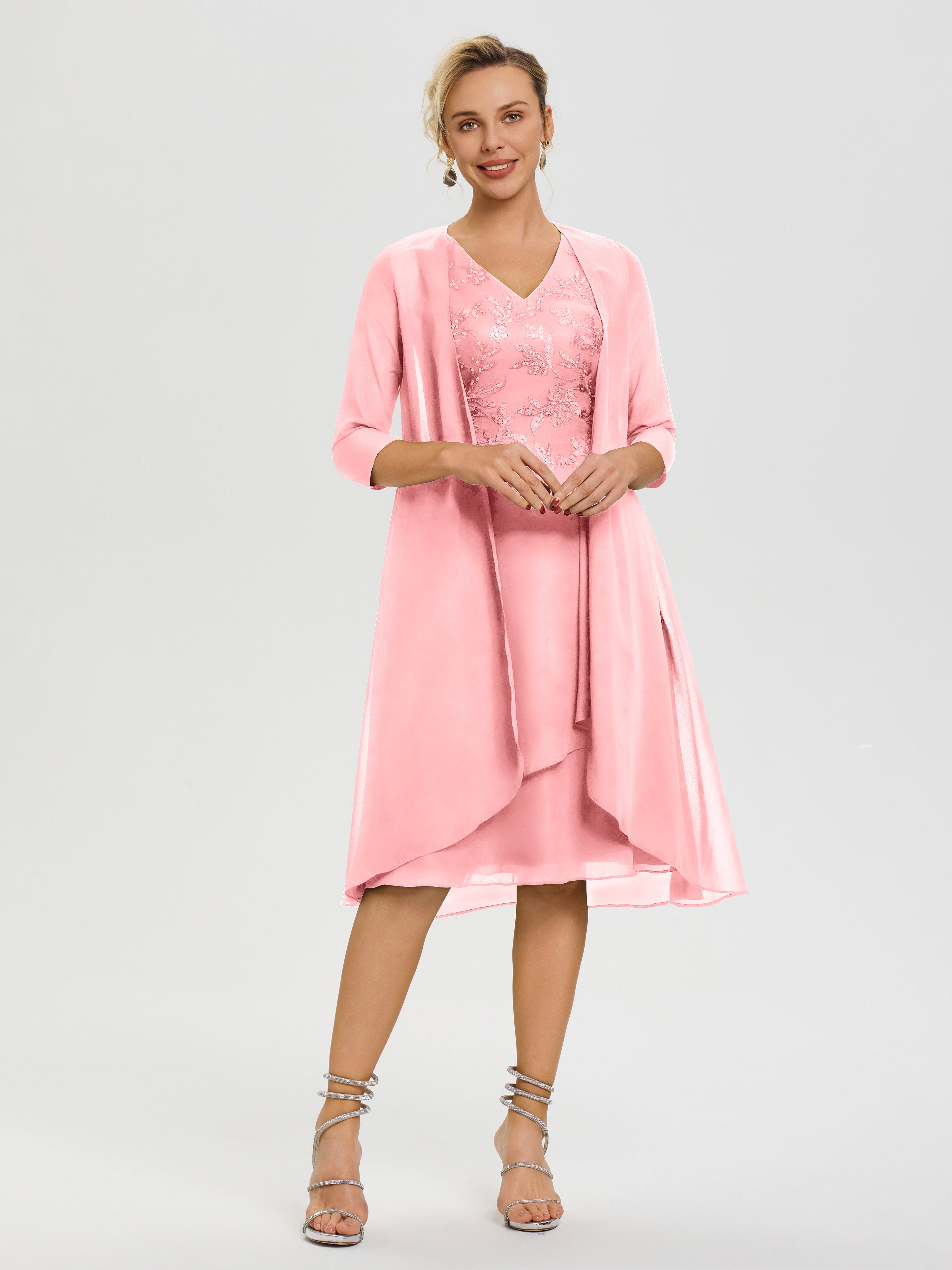 Robe Mère Mariée Flamant 2 Pièces Asymétrique Col V Mousseline & Dentelle Tenue Mère De La Mariée Très Chic