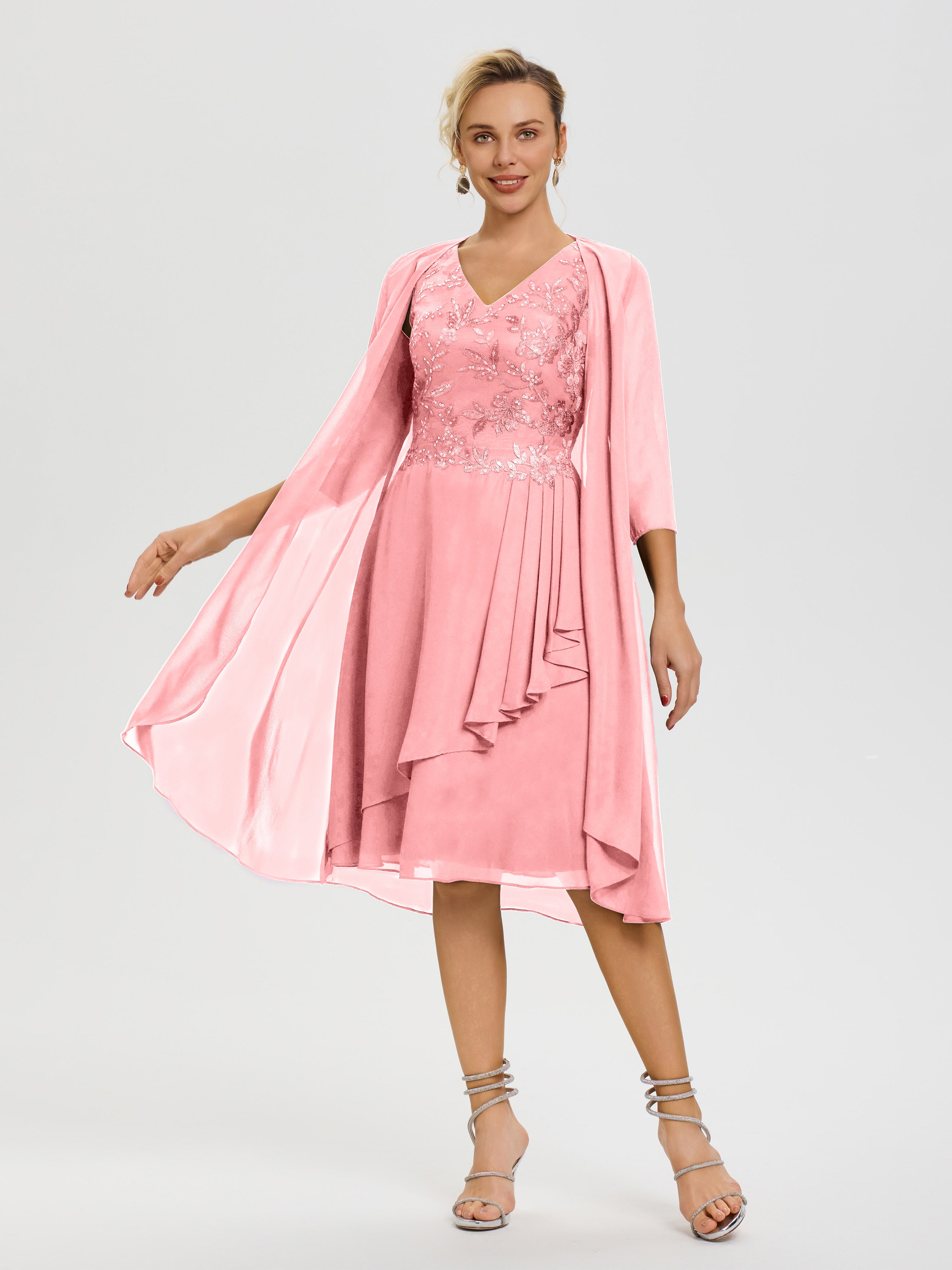 Robe Mère Mariée Flamant 2 Pièces Asymétrique Col V Mousseline & Dentelle Tenue Mère De La Mariée Très Chic