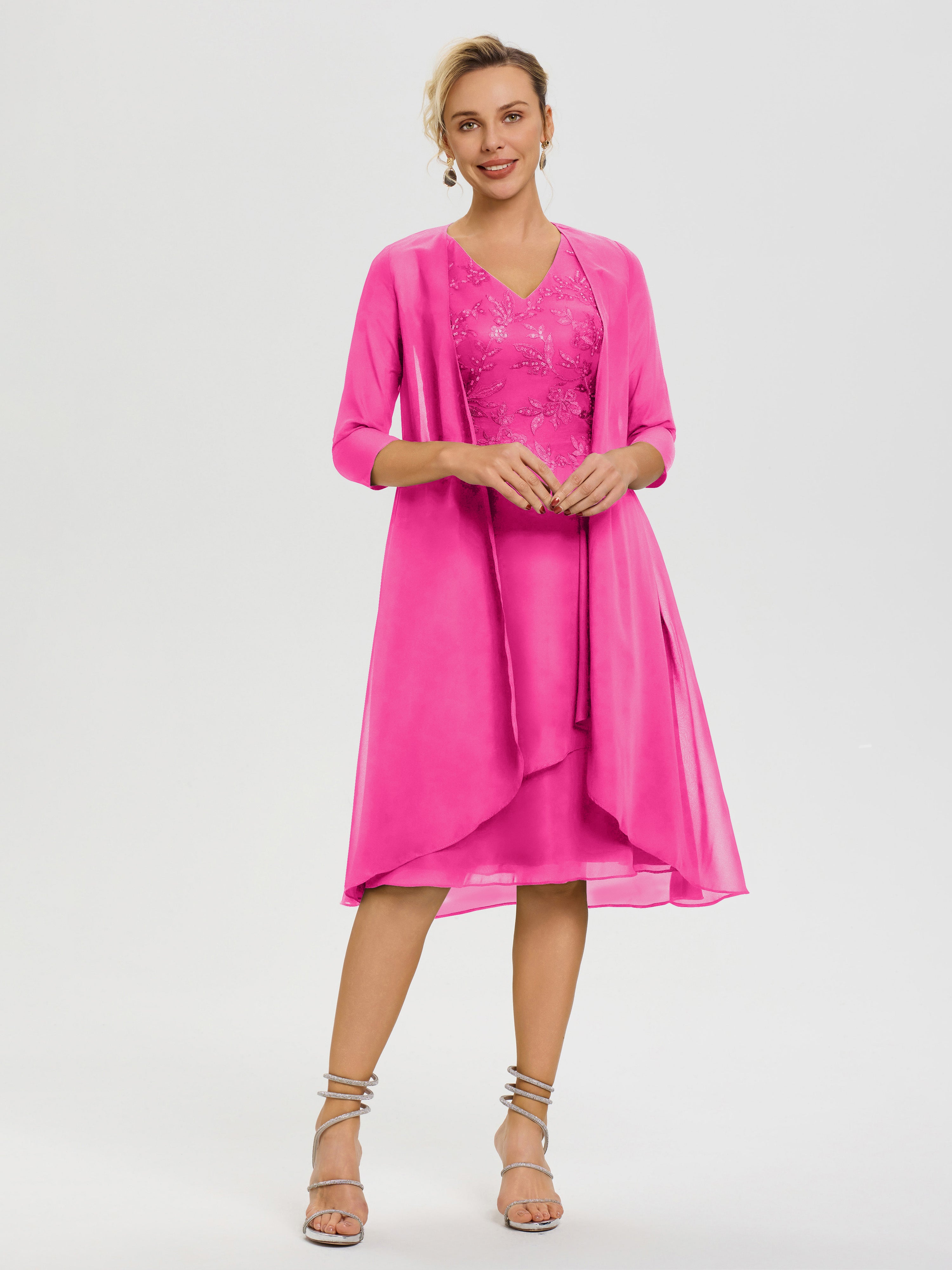 Robe Mère Mariée Fuchsia 2 Pièces Asymétrique Col V Mousseline & Dentelle Tenue Mère De La Mariée Très Chic