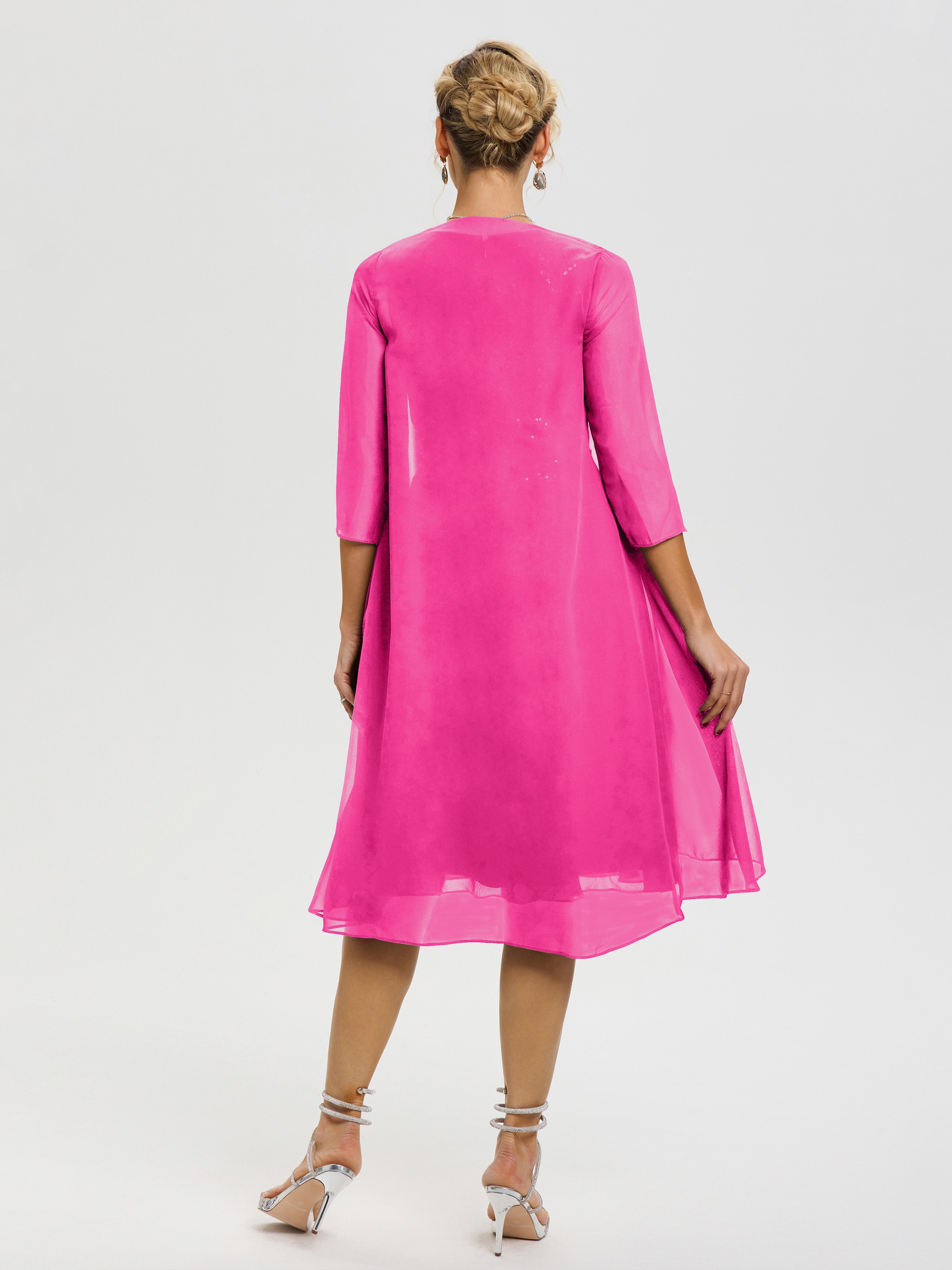 Robe Mère Mariée Fuchsia 2 Pièces Asymétrique Col V Mousseline & Dentelle Tenue Mère De La Mariée Très Chic
