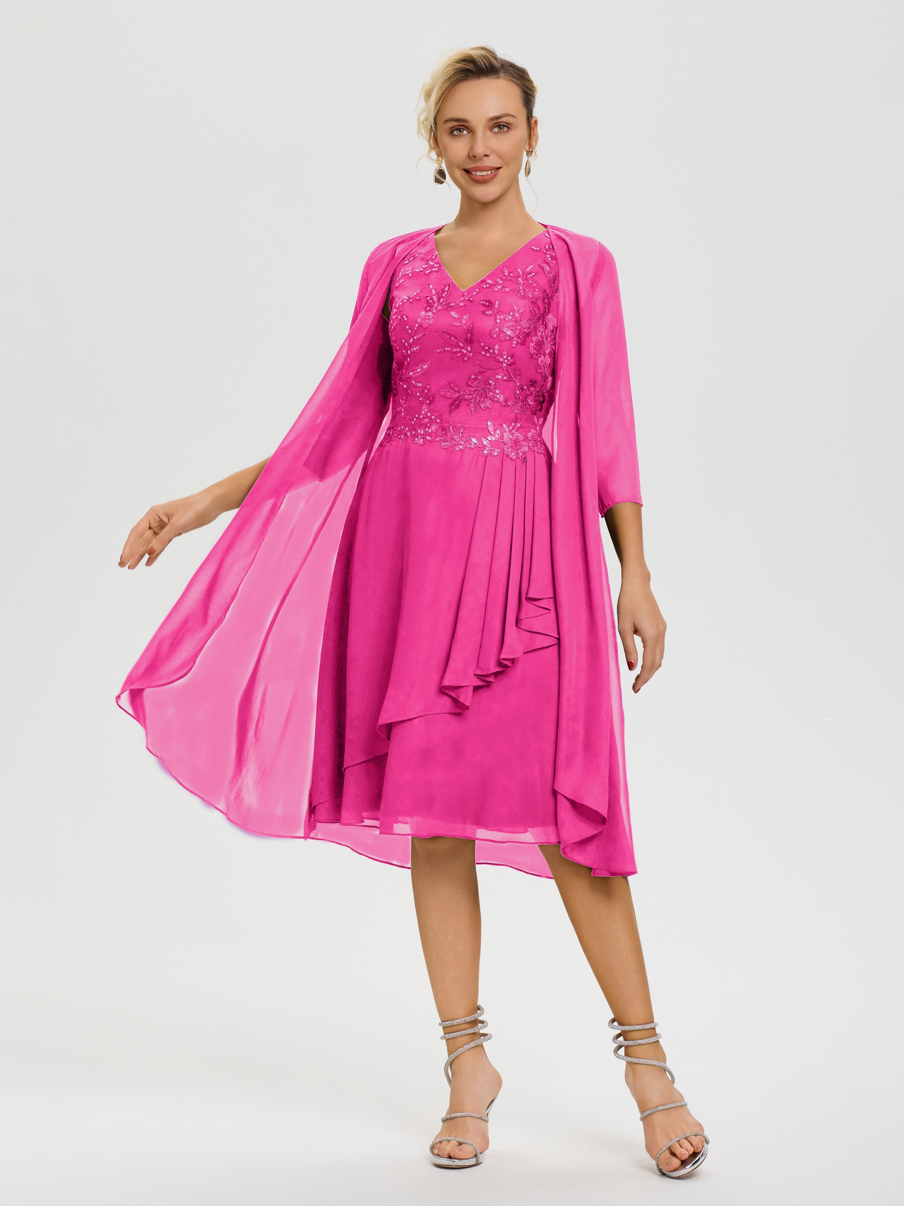 Robe Mère Mariée Fuchsia 2 Pièces Asymétrique Col V Mousseline & Dentelle Tenue Mère De La Mariée Très Chic