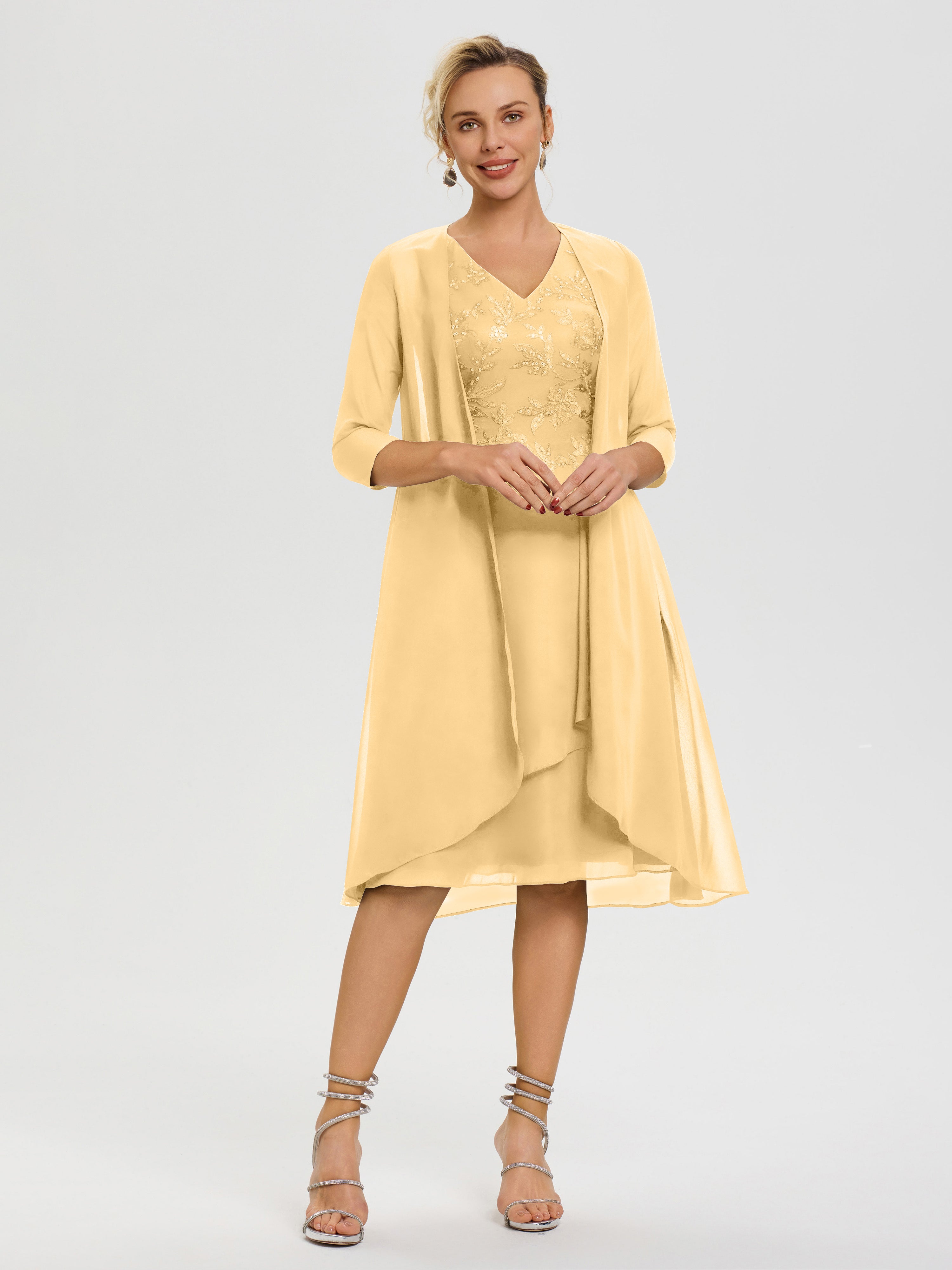 Robe Mère Mariée Or 2 Pièces Asymétrique Col V Mousseline & Dentelle Tenue Mère De La Mariée Très Chic