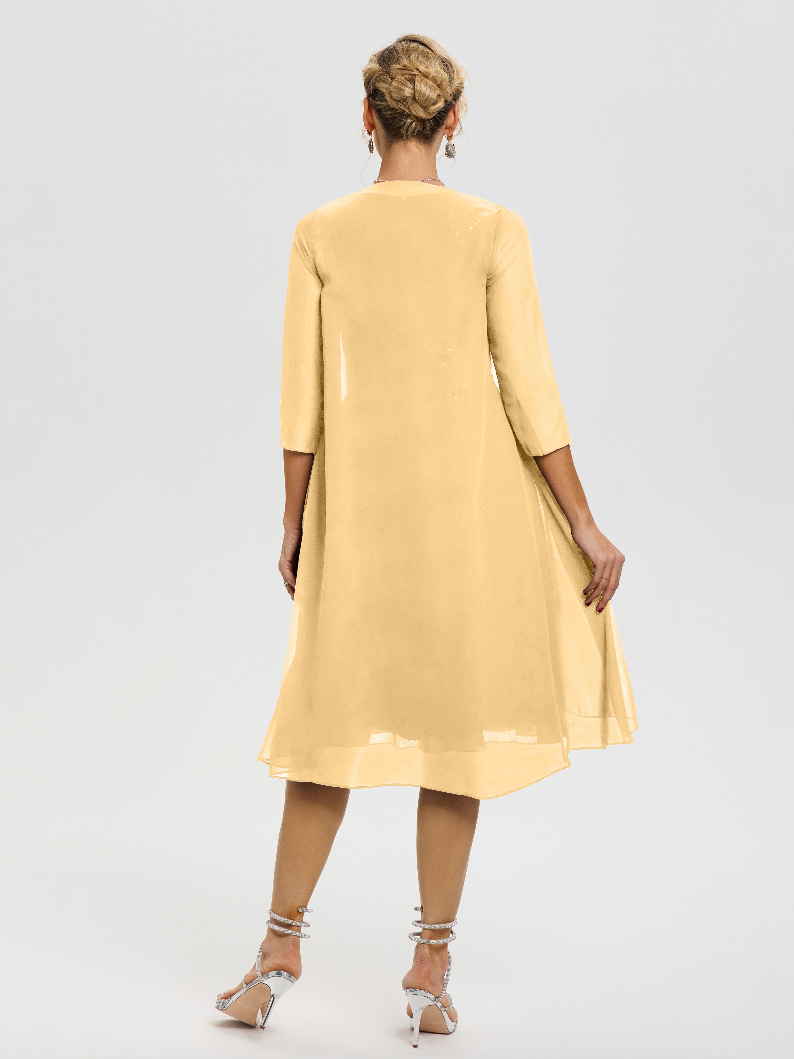 Robe Mère Mariée Or 2 Pièces Asymétrique Col V Mousseline & Dentelle Tenue Mère De La Mariée Très Chic