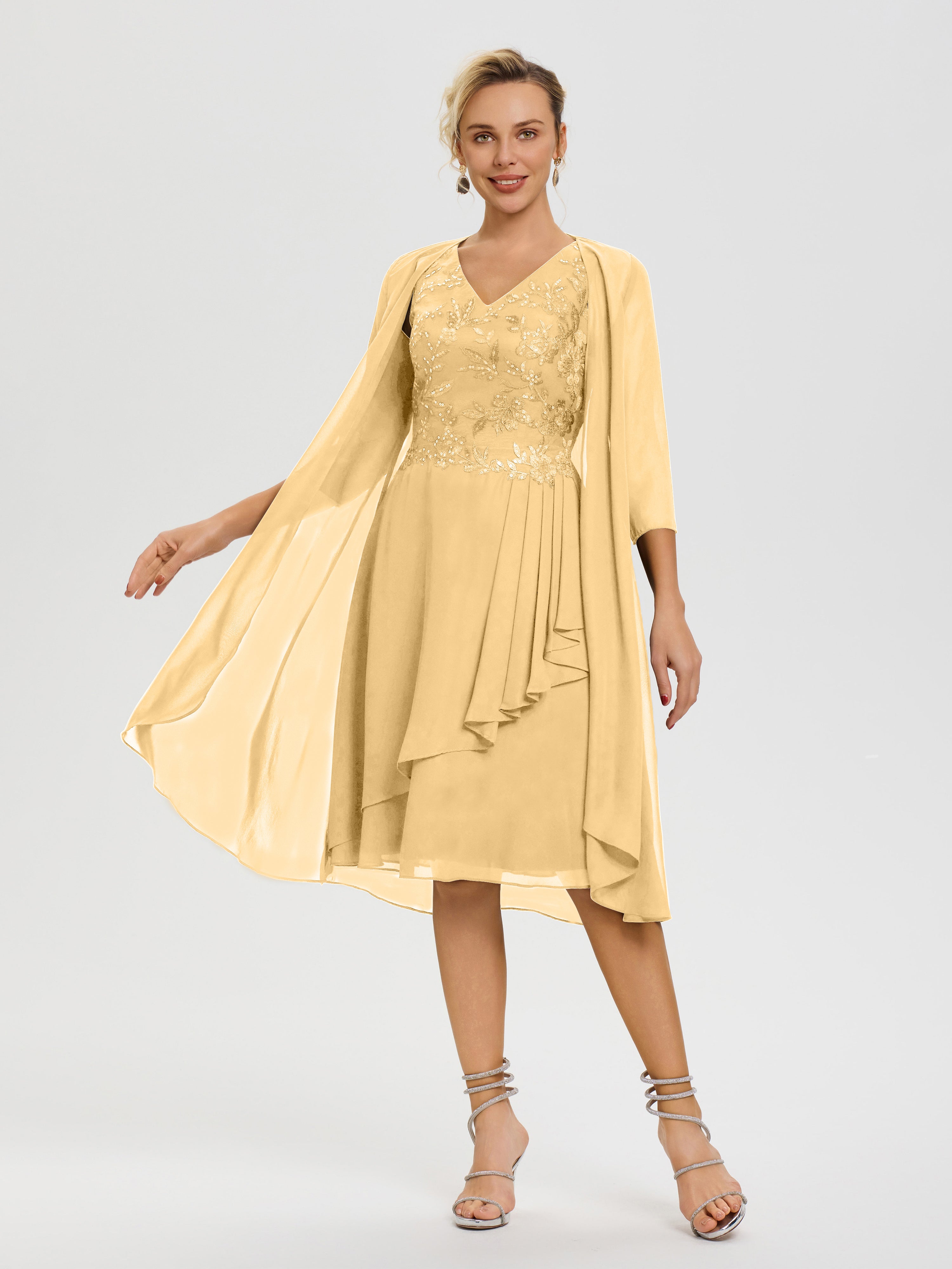 Robe Mère Mariée Or 2 Pièces Asymétrique Col V Mousseline & Dentelle Tenue Mère De La Mariée Très Chic