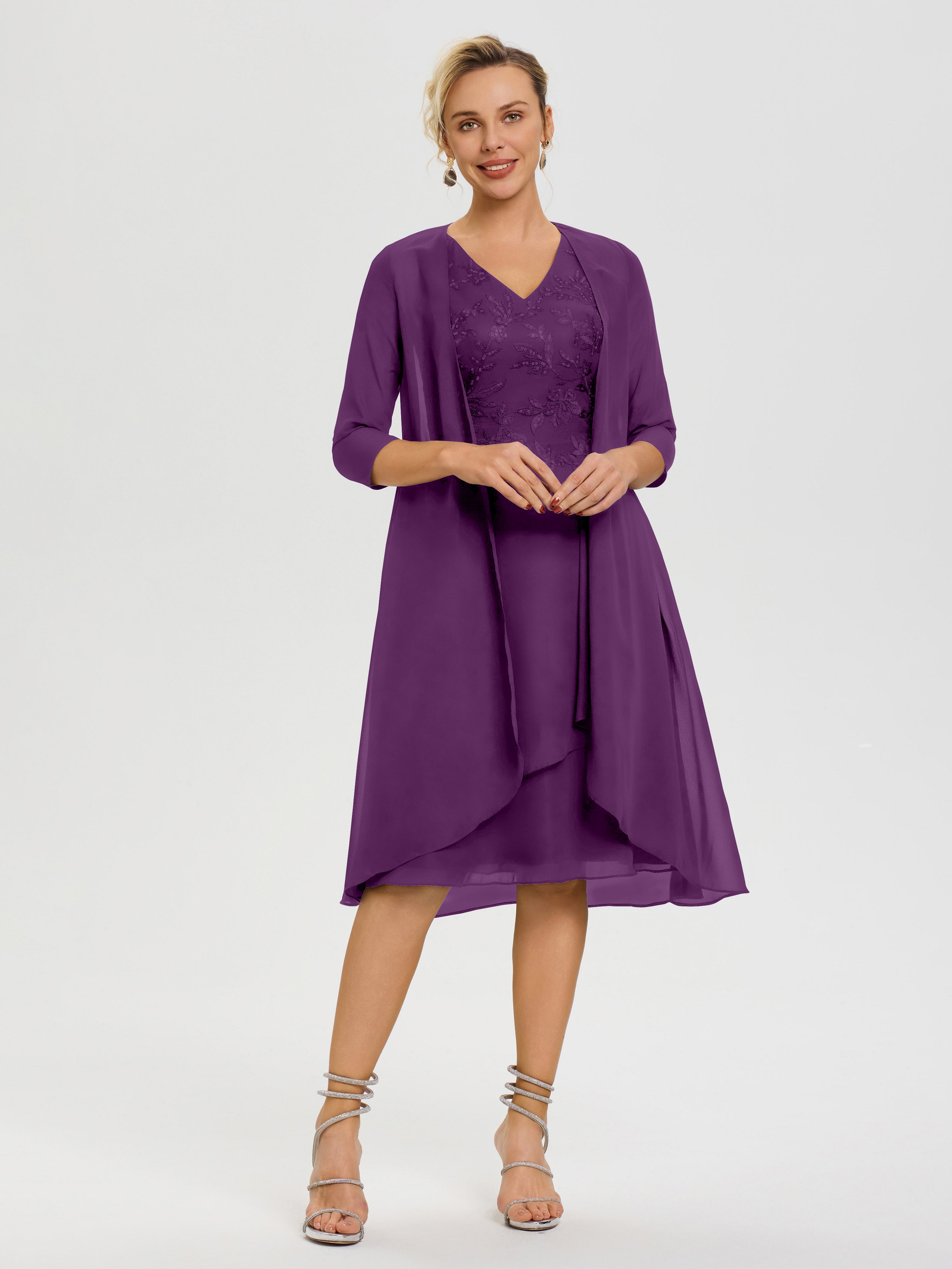Robe Mère Marié Raisin 2 Pièces Asymétrique Col V Mousseline & Dentelle Tenue Mère De La Mariée Très Chic