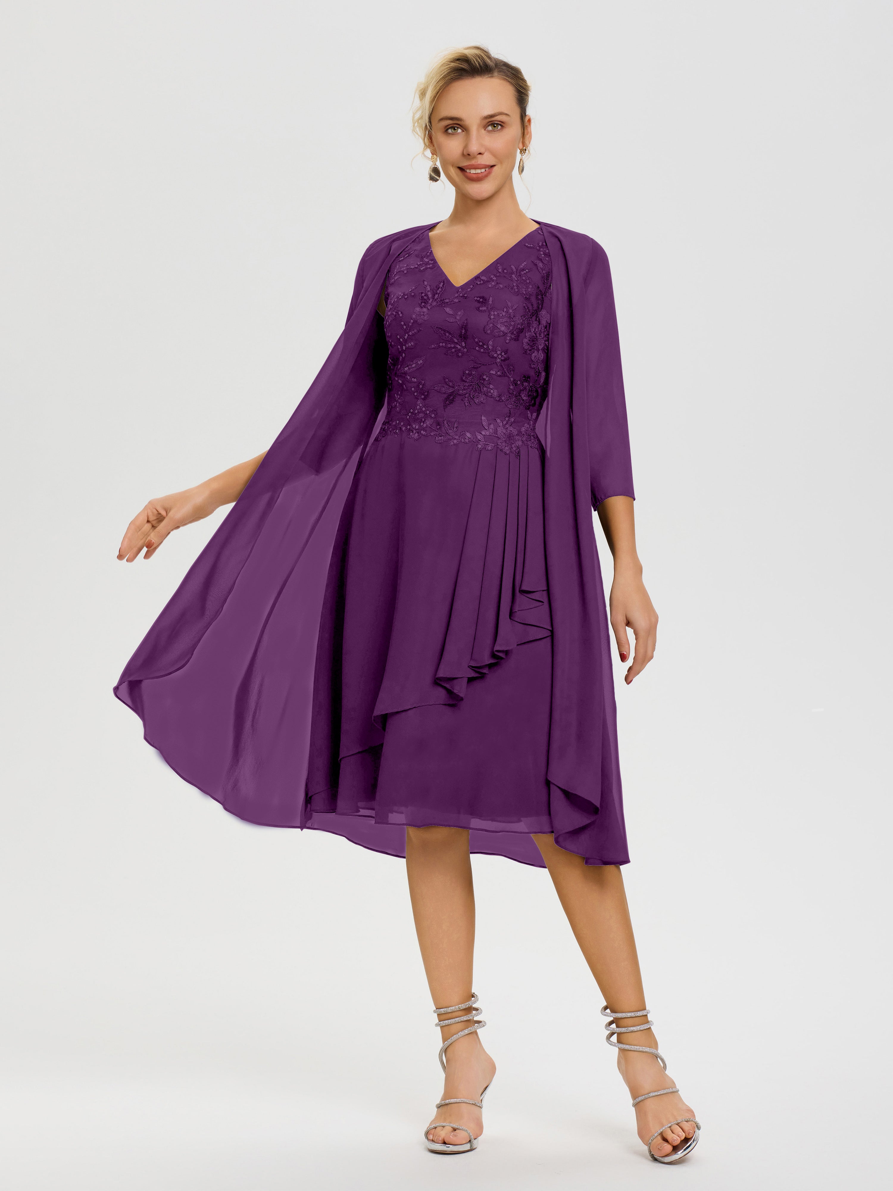 Robe Mère Marié Raisin 2 Pièces Asymétrique Col V Mousseline & Dentelle Tenue Mère De La Mariée Très Chic