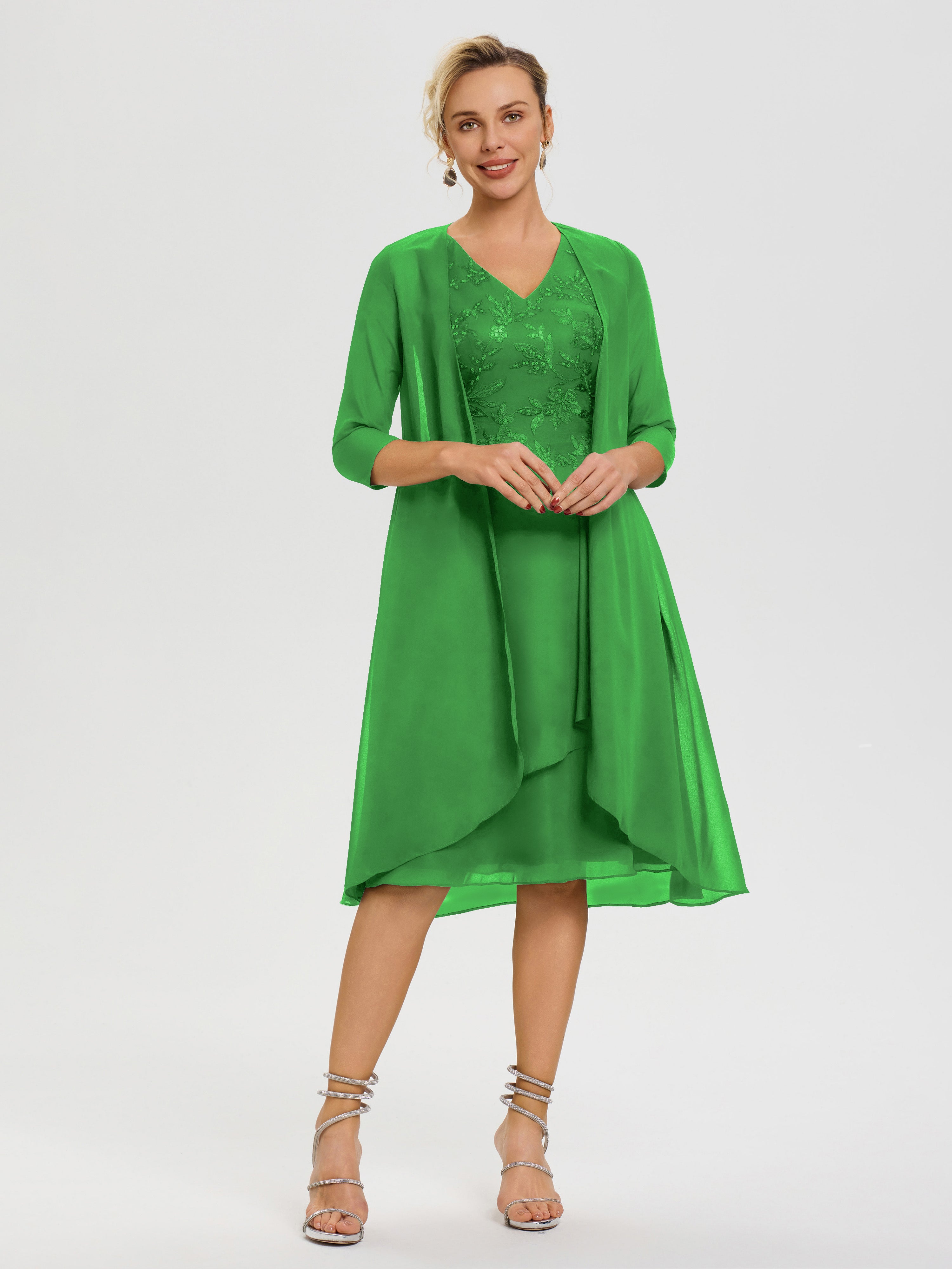 Robe Verte Mere De La Mariee 2 Pièces Asymétrique Col V Mousseline & Dentelle Tenue Mère De La Mariée Très Chic