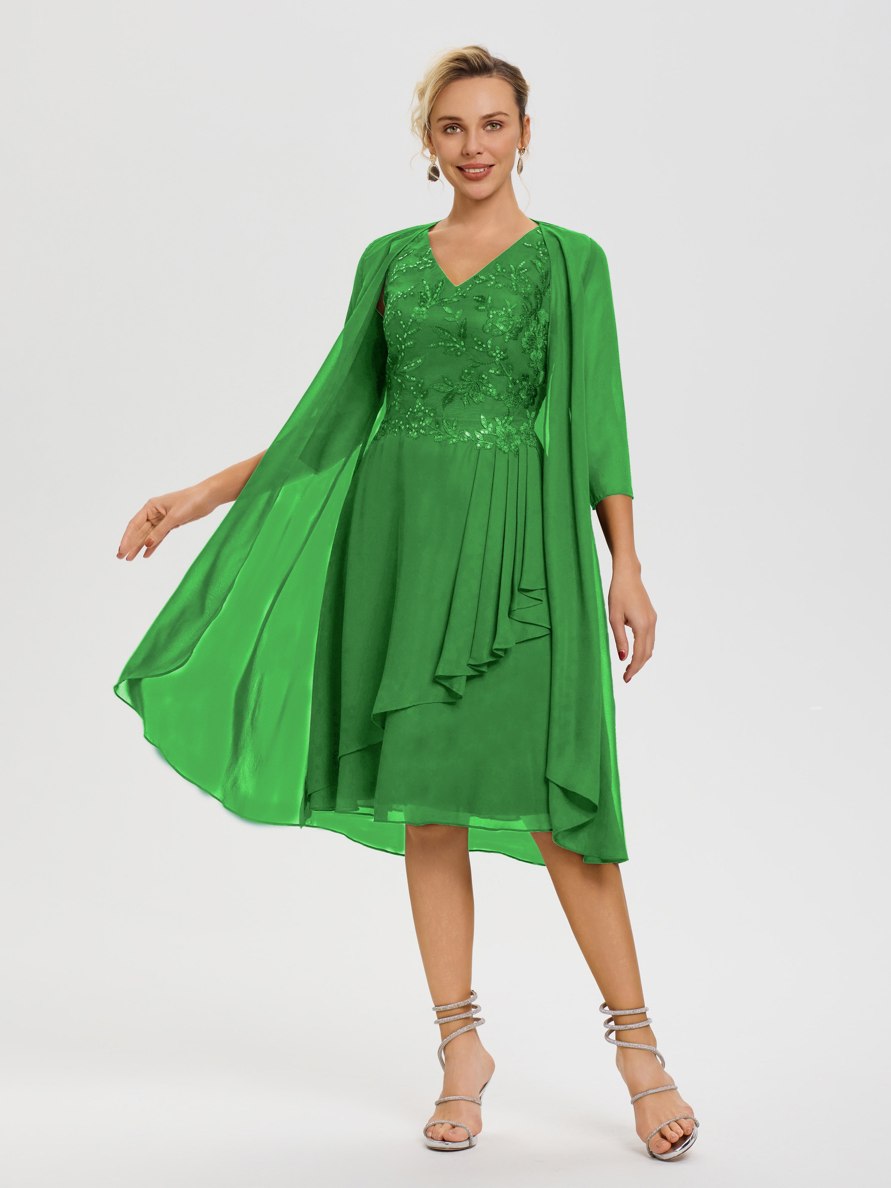 Robe Verte Mere De La Mariee 2 Pièces Asymétrique Col V Mousseline & Dentelle Tenue Mère De La Mariée Très Chic