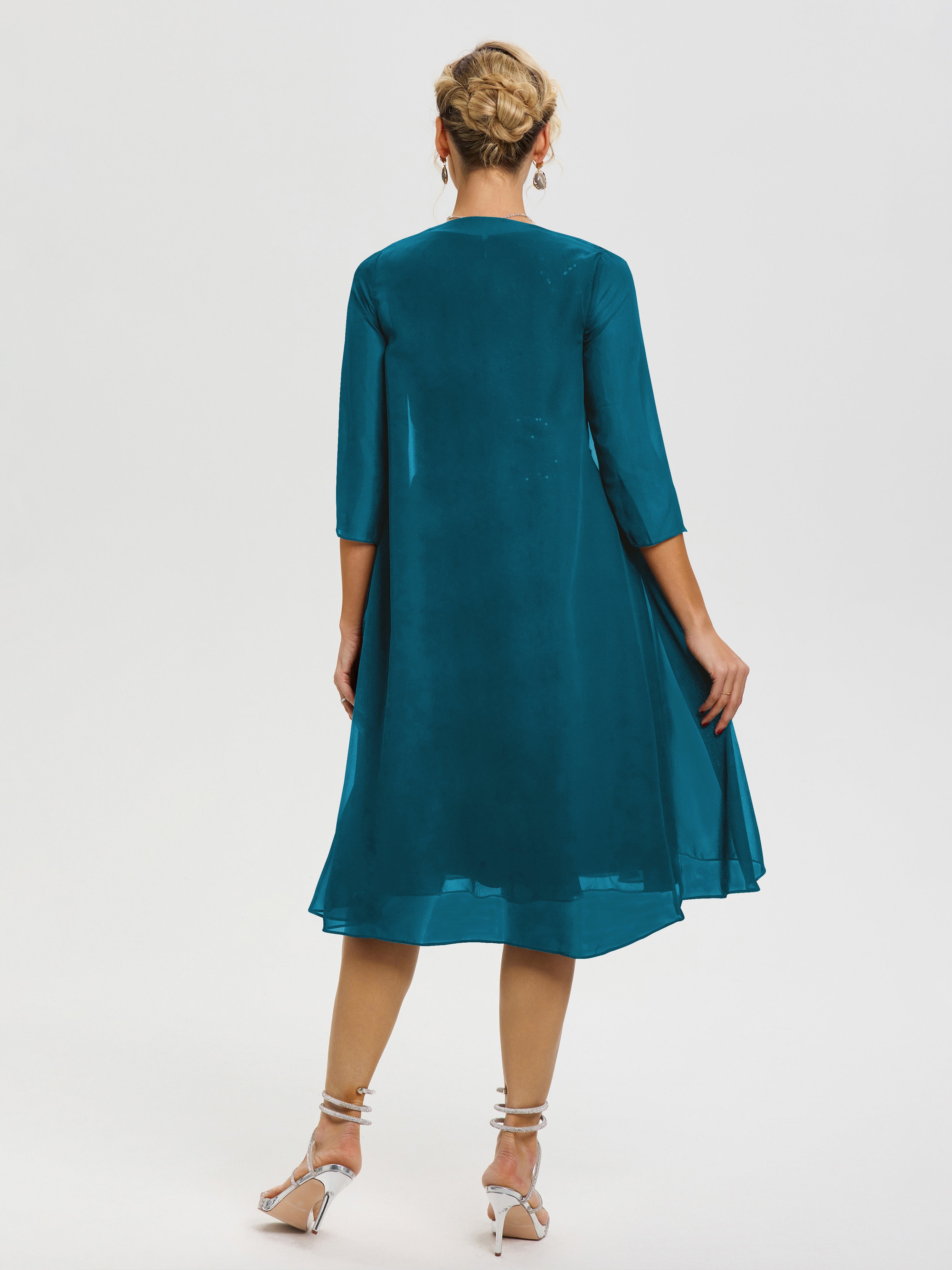 Robe Mère Mariée Bleu Encre 2 Pièces Asymétrique Col V Mousseline & Dentelle Tenue Mère De La Mariée Très Chic