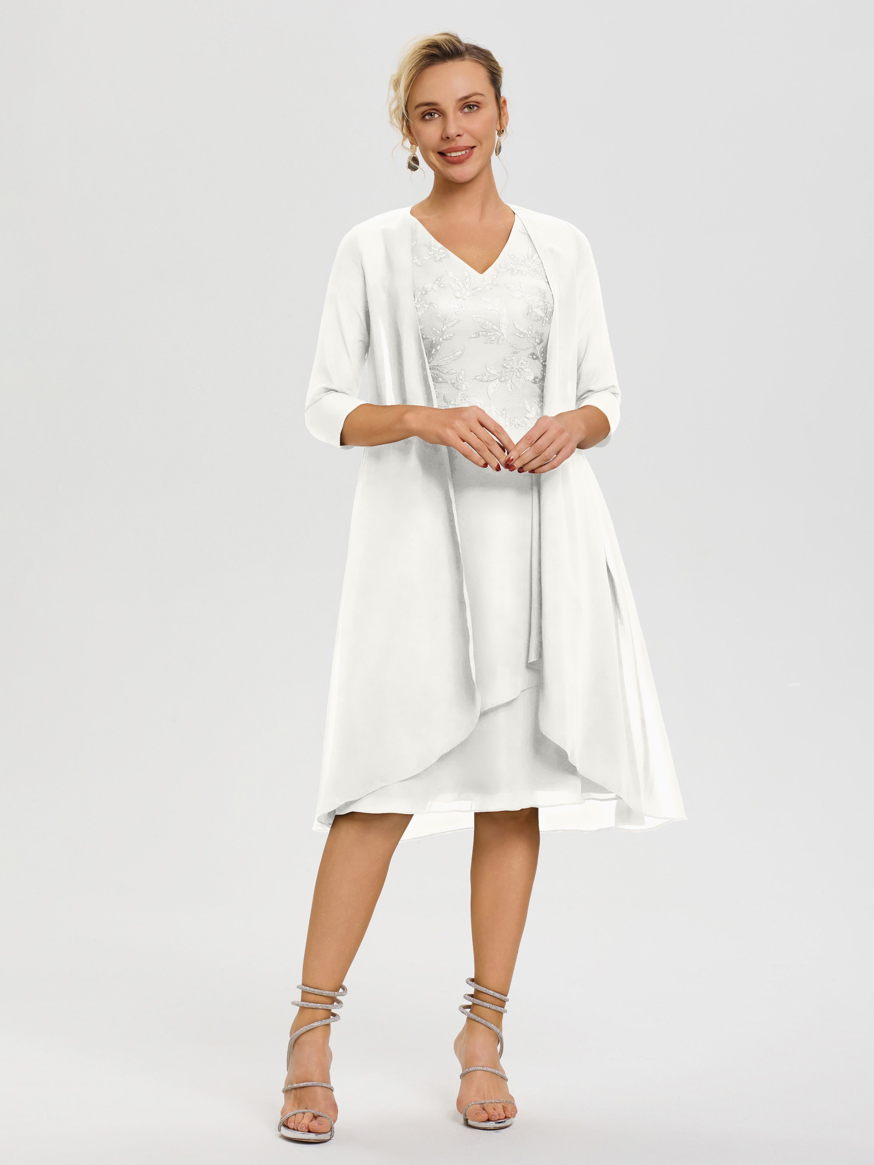 Robe Mère Mariée Ivoire 2 Pièces Asymétrique Col V Mousseline & Dentelle Tenue Mère De La Mariée Très Chic