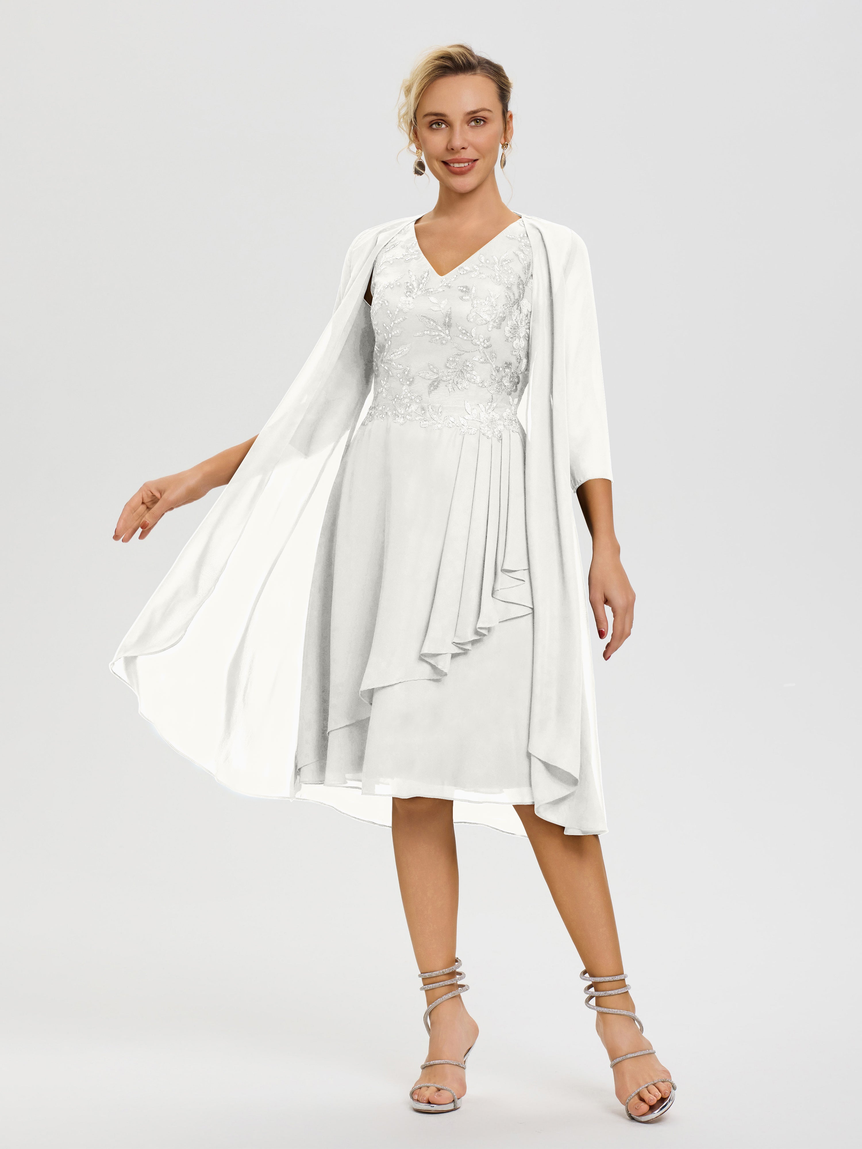 Robe Mère Mariée Ivoire 2 Pièces Asymétrique Col V Mousseline & Dentelle Tenue Mère De La Mariée Très Chic