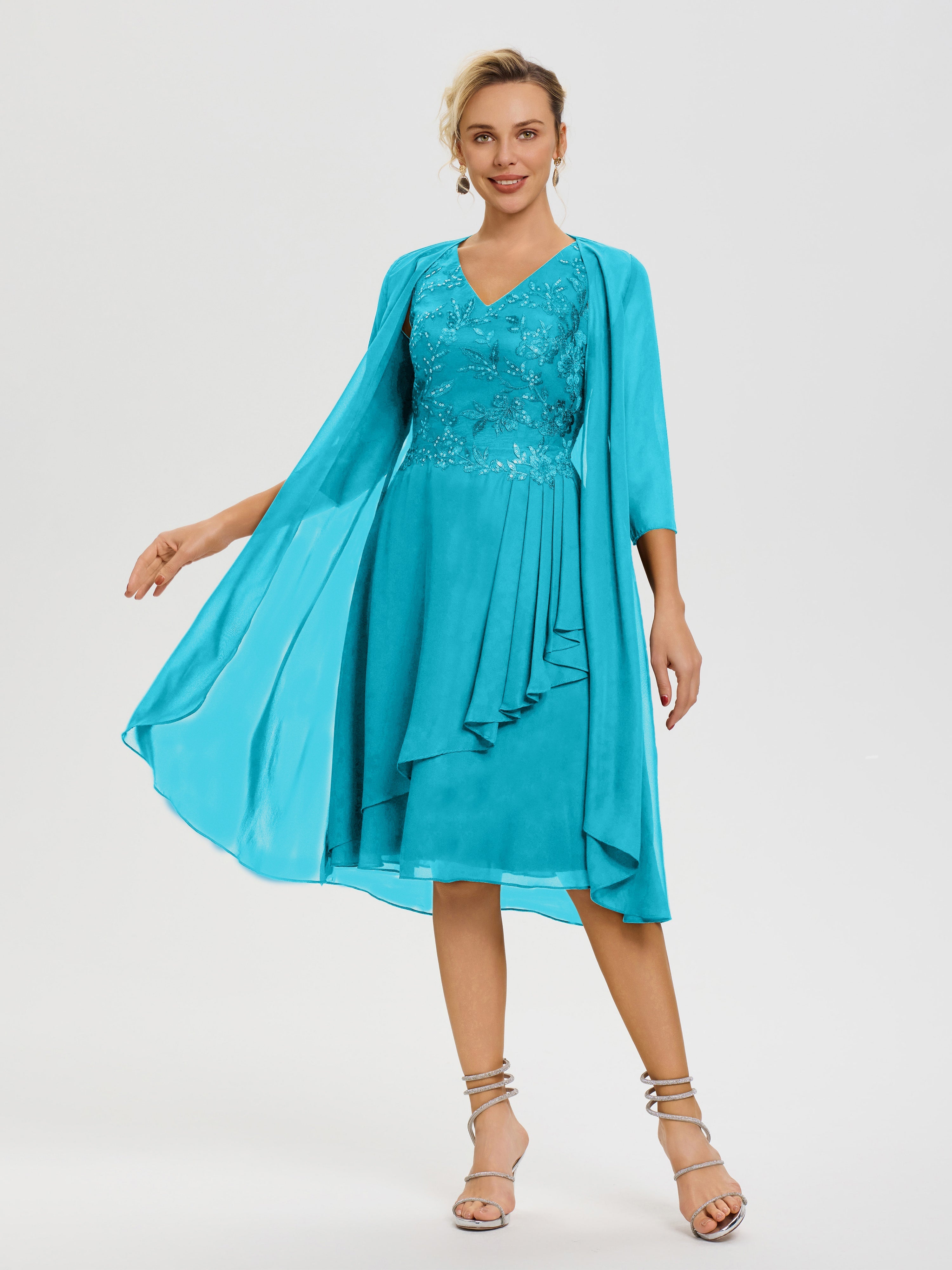 Robe Mère Mariée Jade 2 Pièces Asymétrique Col V Mousseline & Dentelle Tenue Mère De La Mariée Très Chic