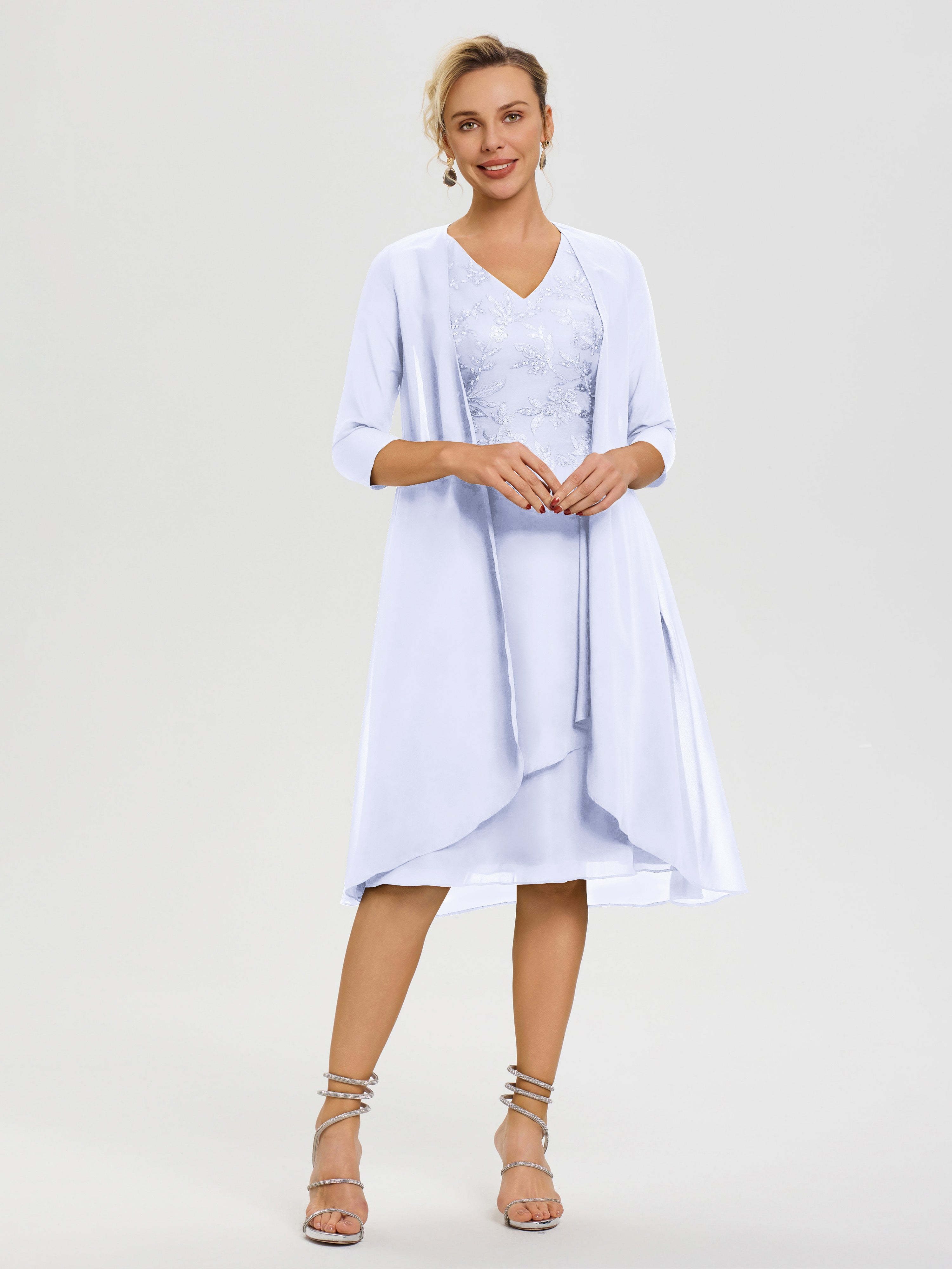 Robe Mère Mariée Lavande 2 Pièces Asymétrique Col V Mousseline & Dentelle Tenue Mère De La Mariée Très Chic