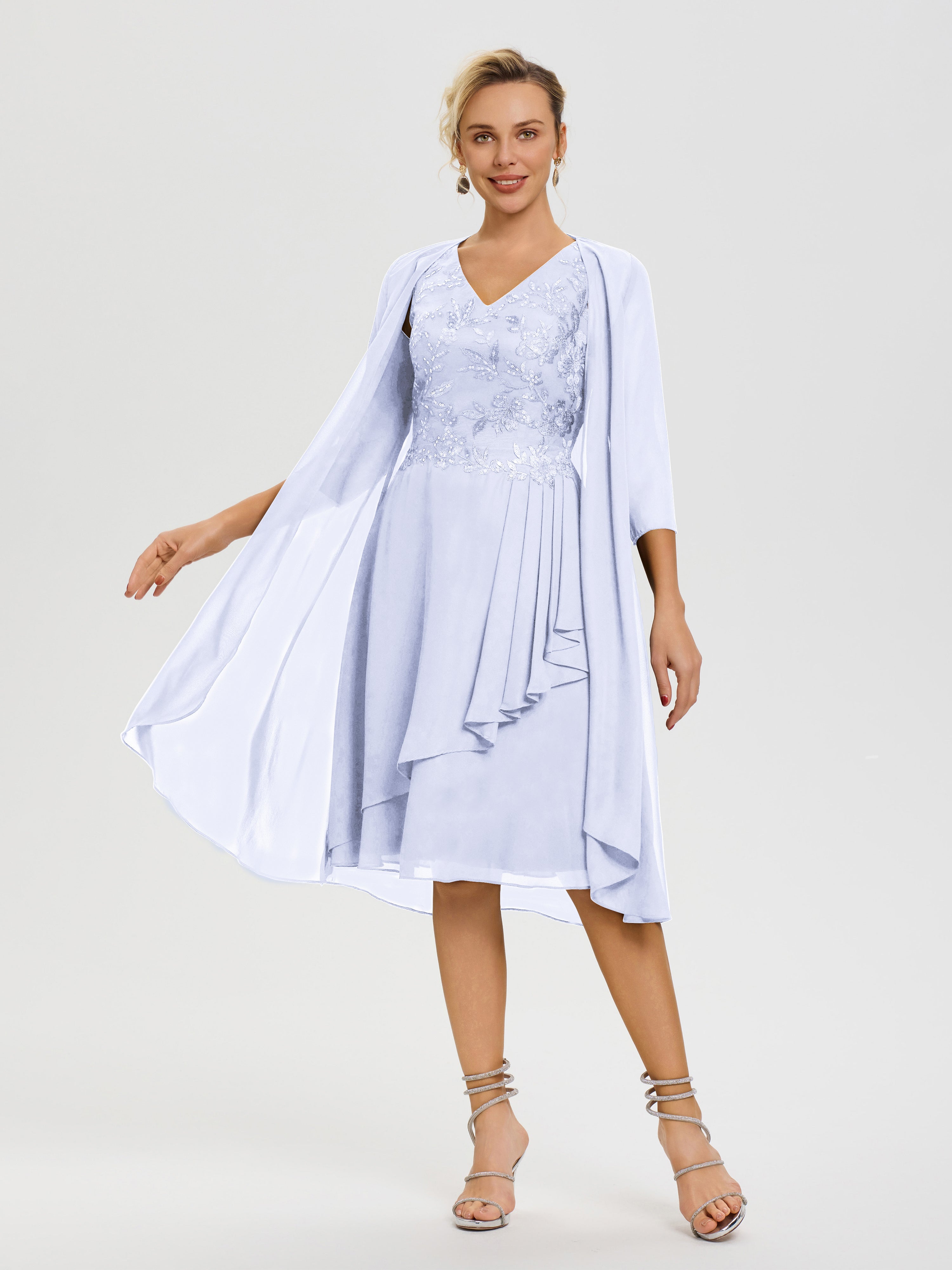 Robe Mère Mariée Lavande 2 Pièces Asymétrique Col V Mousseline & Dentelle Tenue Mère De La Mariée Très Chic