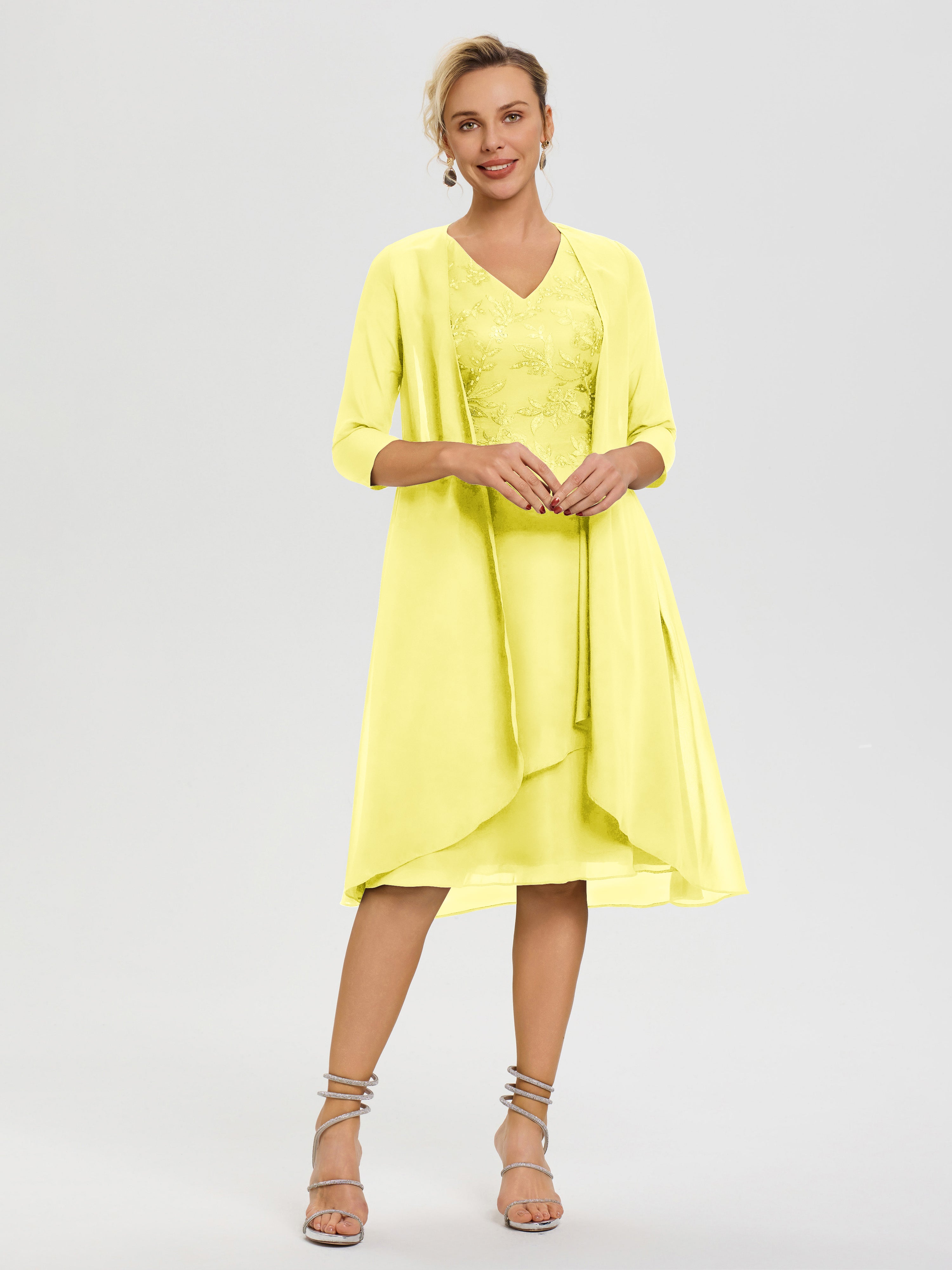 Robe Mère Mariée Citron 2 Pièces Asymétrique Col V Mousseline & Dentelle Tenue Mère De La Mariée Très Chic