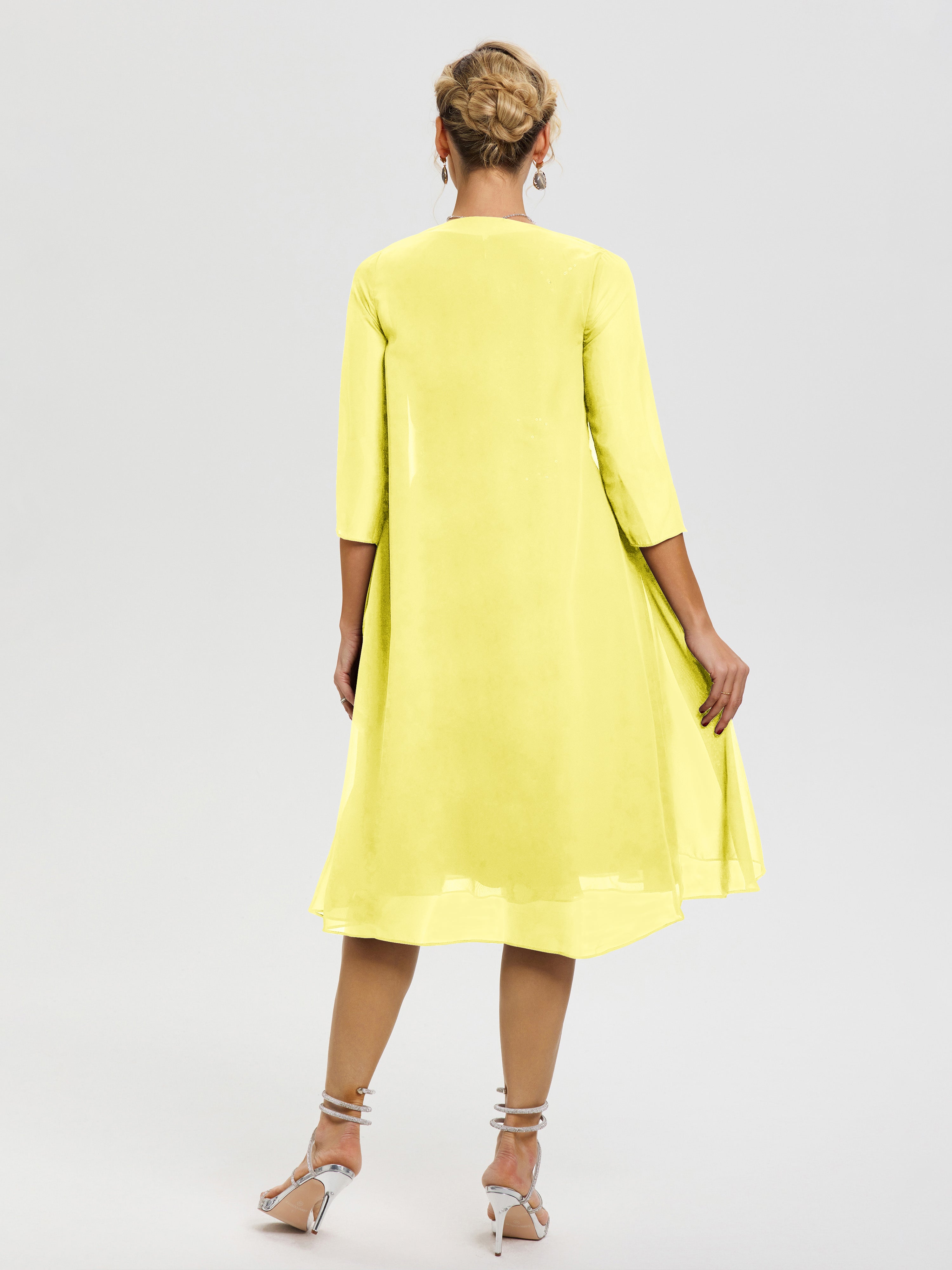 Robe Mère Mariée Citron 2 Pièces Asymétrique Col V Mousseline & Dentelle Tenue Mère De La Mariée Très Chic