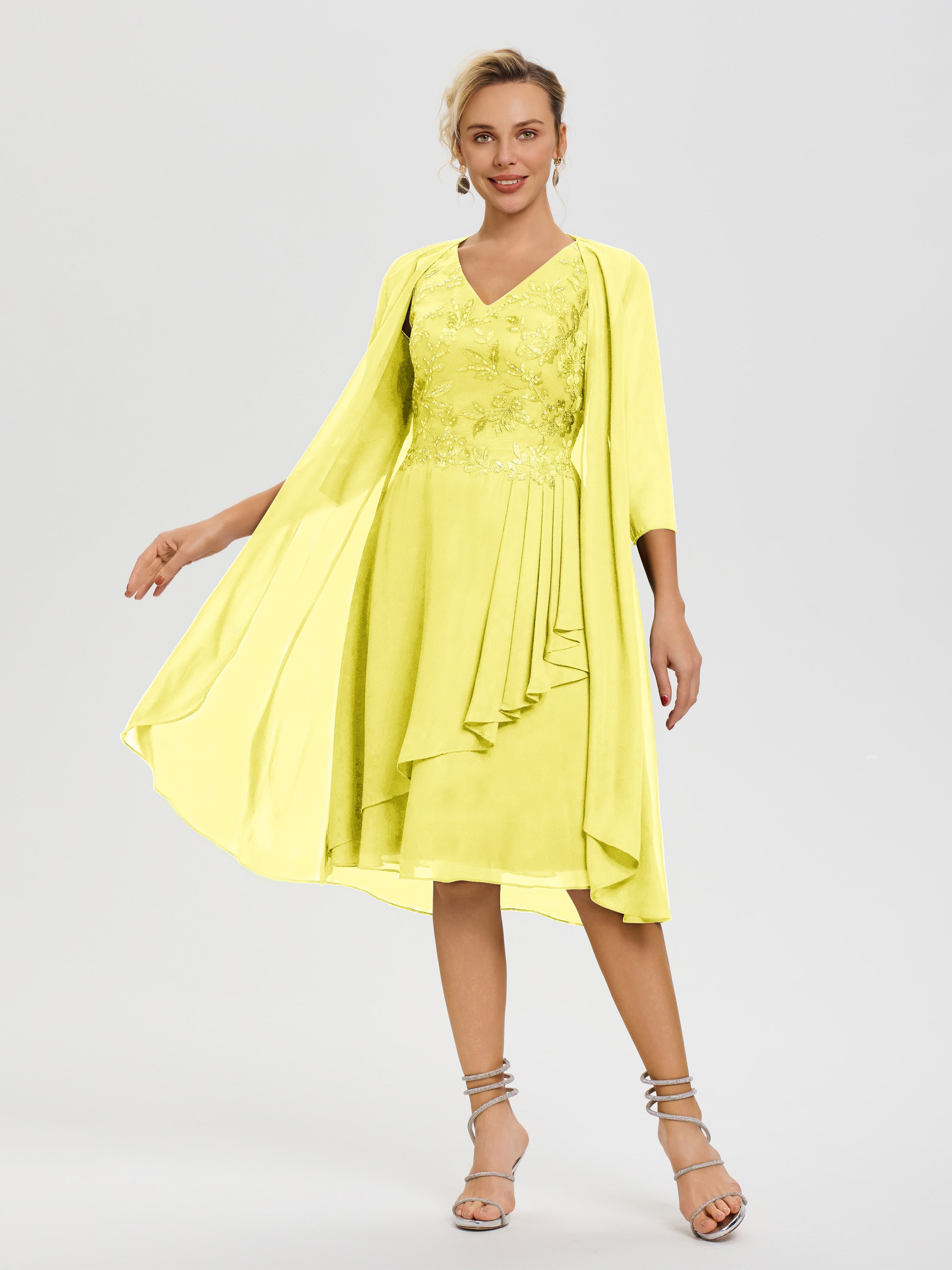 Robe Mère Mariée Citron 2 Pièces Asymétrique Col V Mousseline & Dentelle Tenue Mère De La Mariée Très Chic