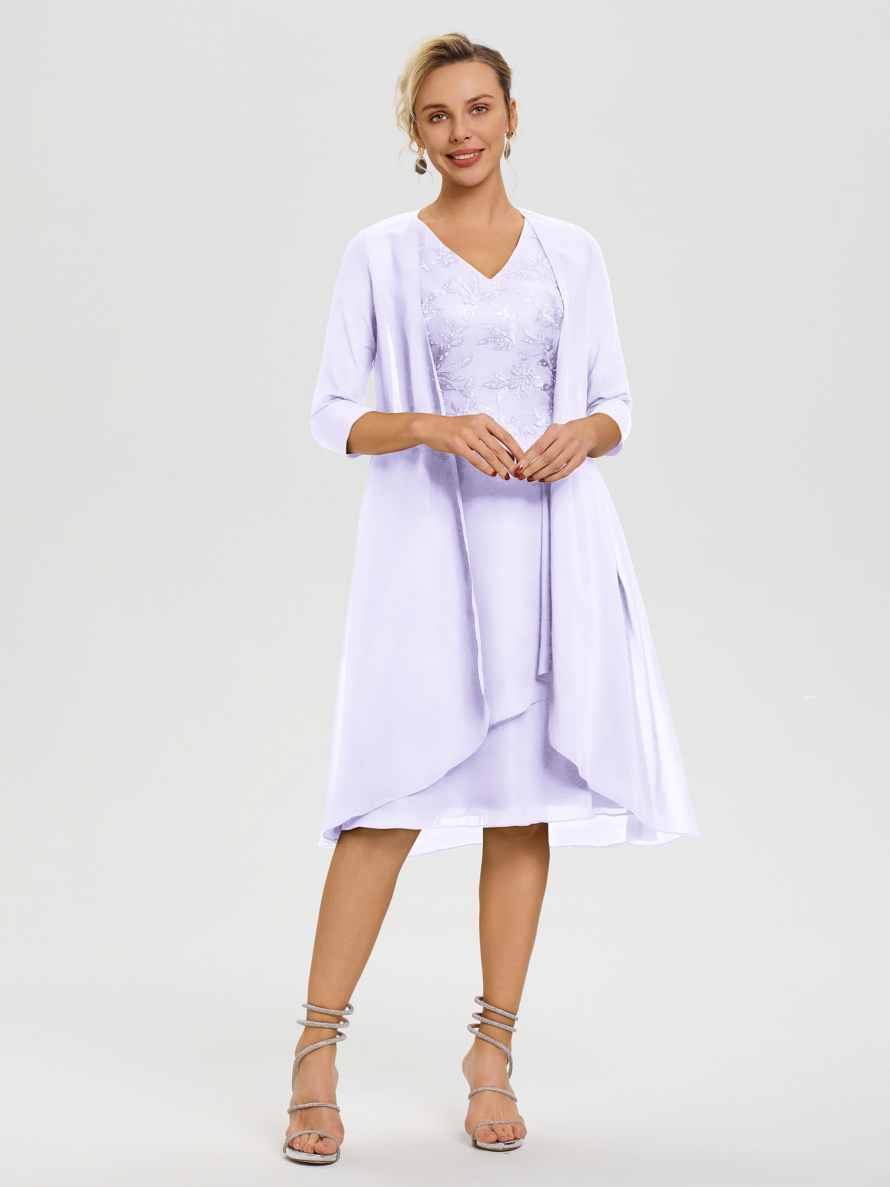 Robe Mère Mariée Lilas 2 Pièces Asymétrique Col V Mousseline & Dentelle Tenue Mère De La Mariée Très Chic
