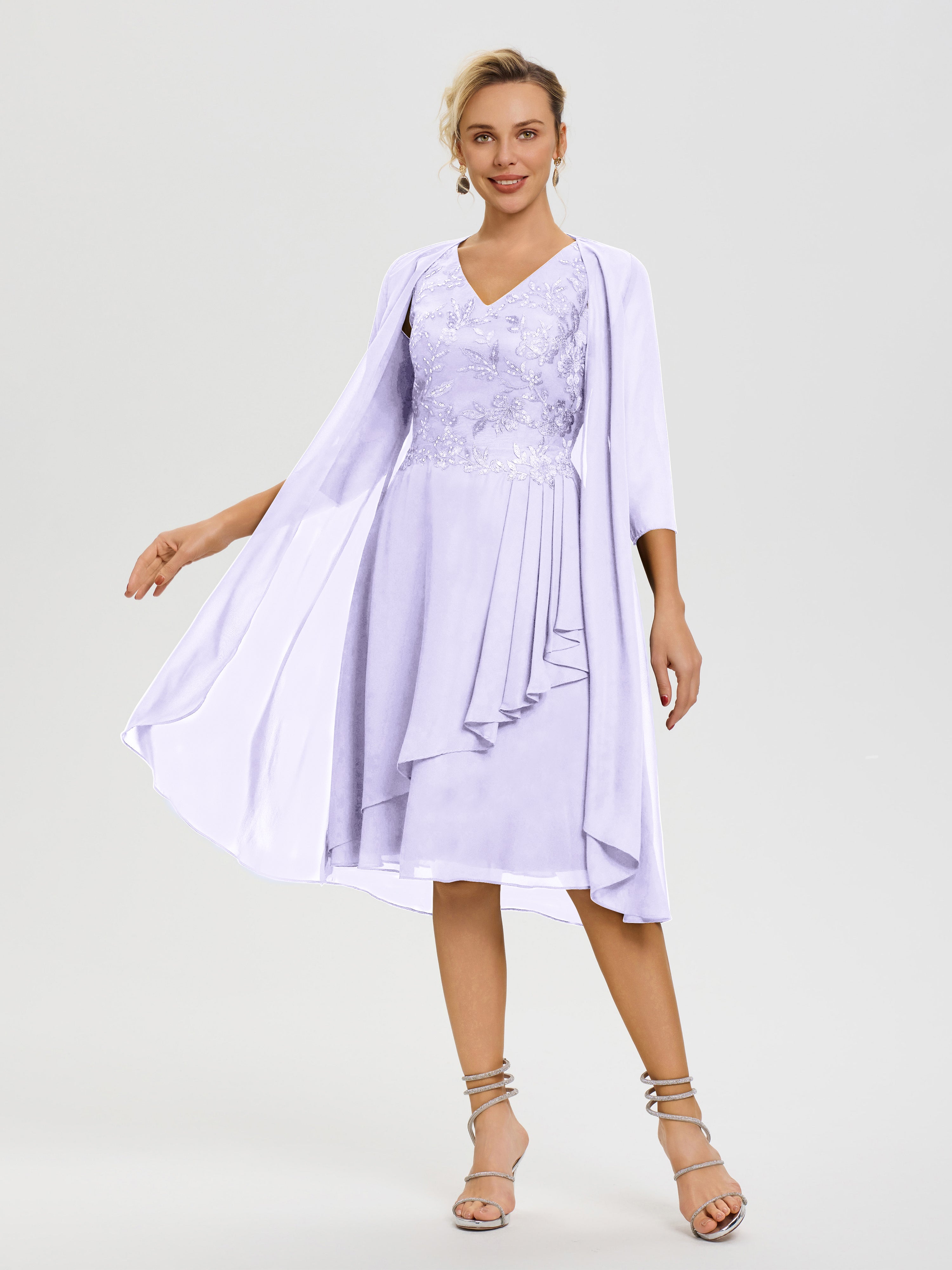 Robe Mère Mariée Lilas 2 Pièces Asymétrique Col V Mousseline & Dentelle Tenue Mère De La Mariée Très Chic