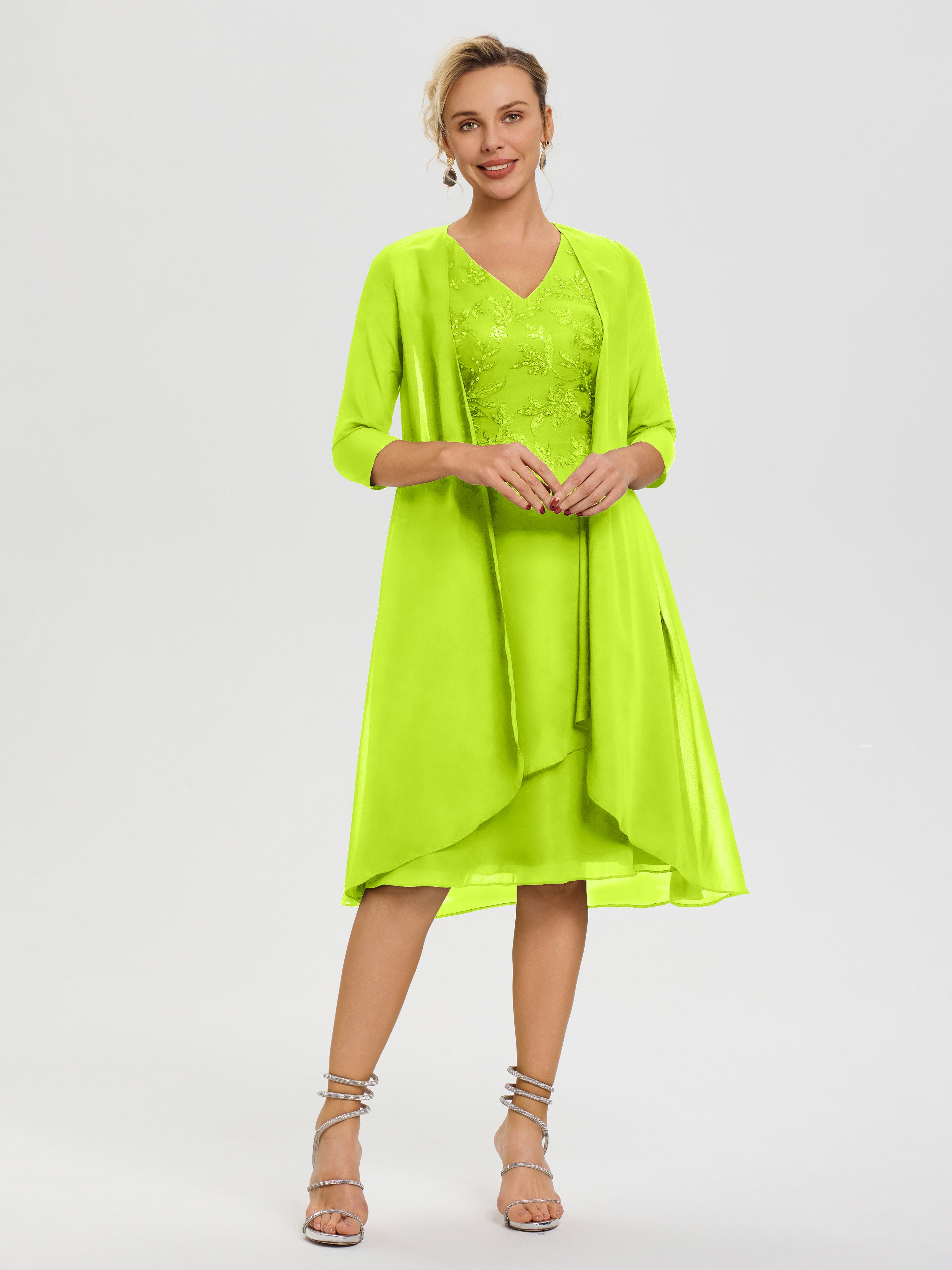 Robe Mère De Marié Vert Citron 2 Pièces Asymétrique Col V Mousseline & Dentelle Tenue Mère De La Mariée Très Chic