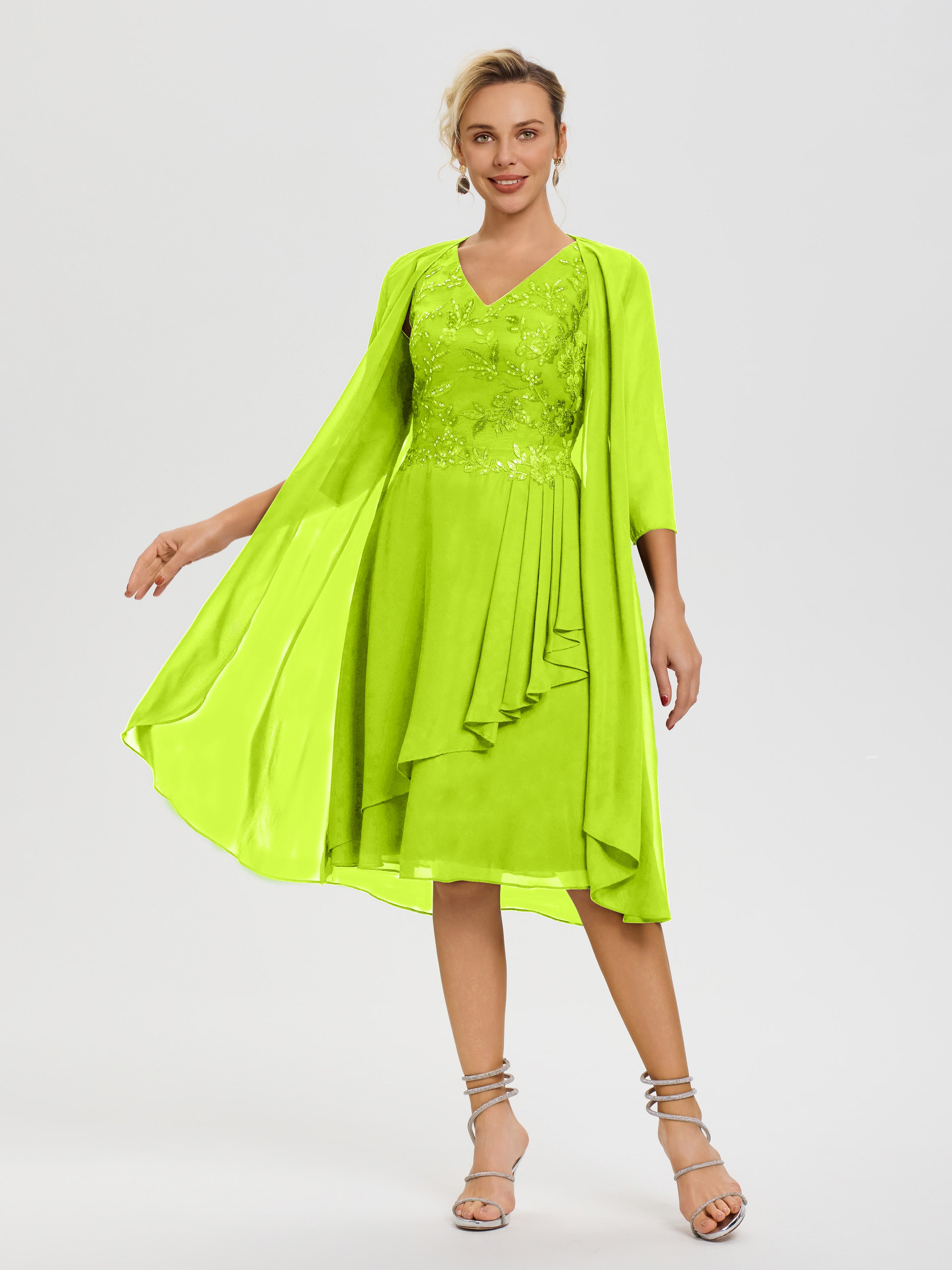 Robe Mère De Marié Vert Citron 2 Pièces Asymétrique Col V Mousseline & Dentelle Tenue Mère De La Mariée Très Chic