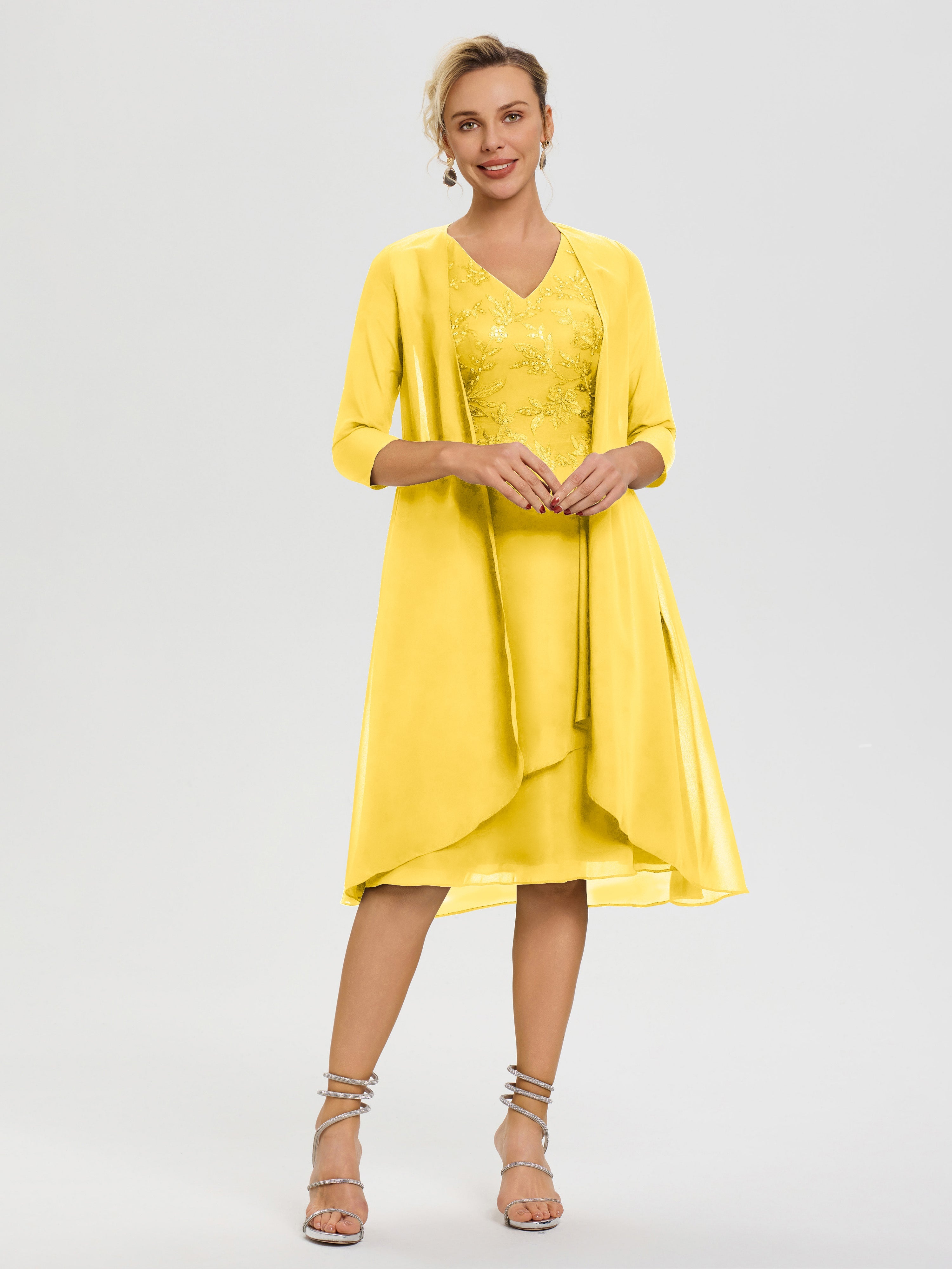 Robe Mère De Marié Souci 2 Pièces Asymétrique Col V Mousseline & Dentelle Tenue Mère De La Mariée Très Chic