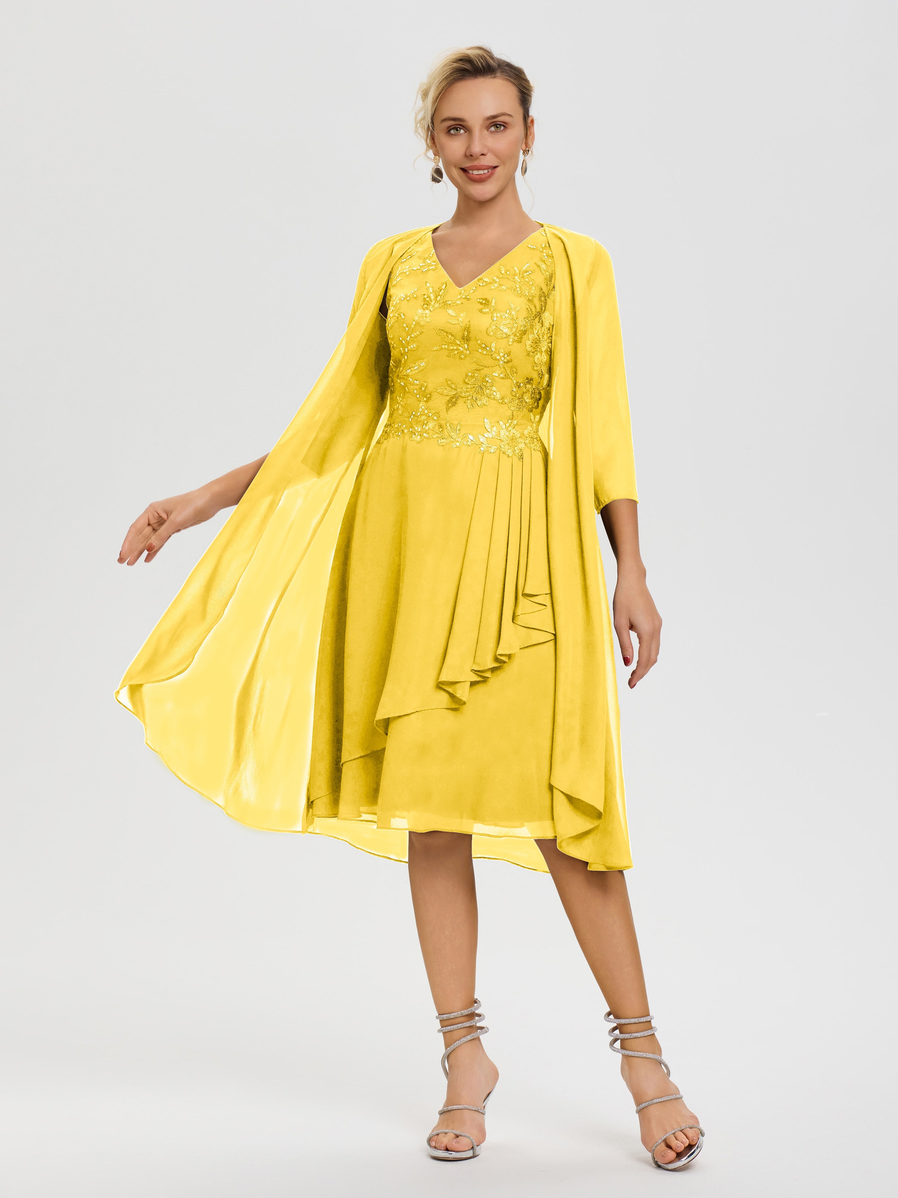 Robe Mère De Marié Souci 2 Pièces Asymétrique Col V Mousseline & Dentelle Tenue Mère De La Mariée Très Chic