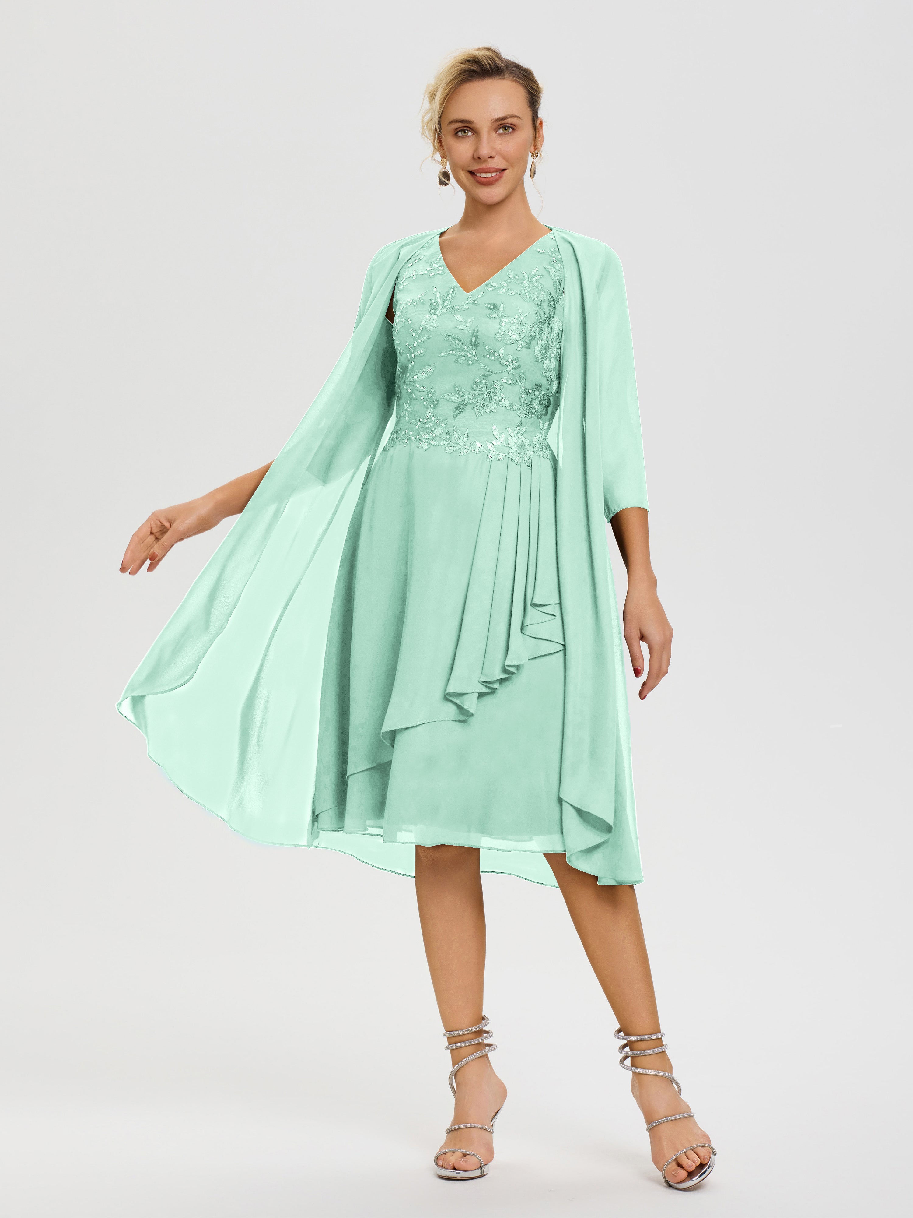 Robe Mère De Marié Vert Menthe 2 Pièces Asymétrique Col V Mousseline & Dentelle Tenue Mère De La Mariée Très Chic